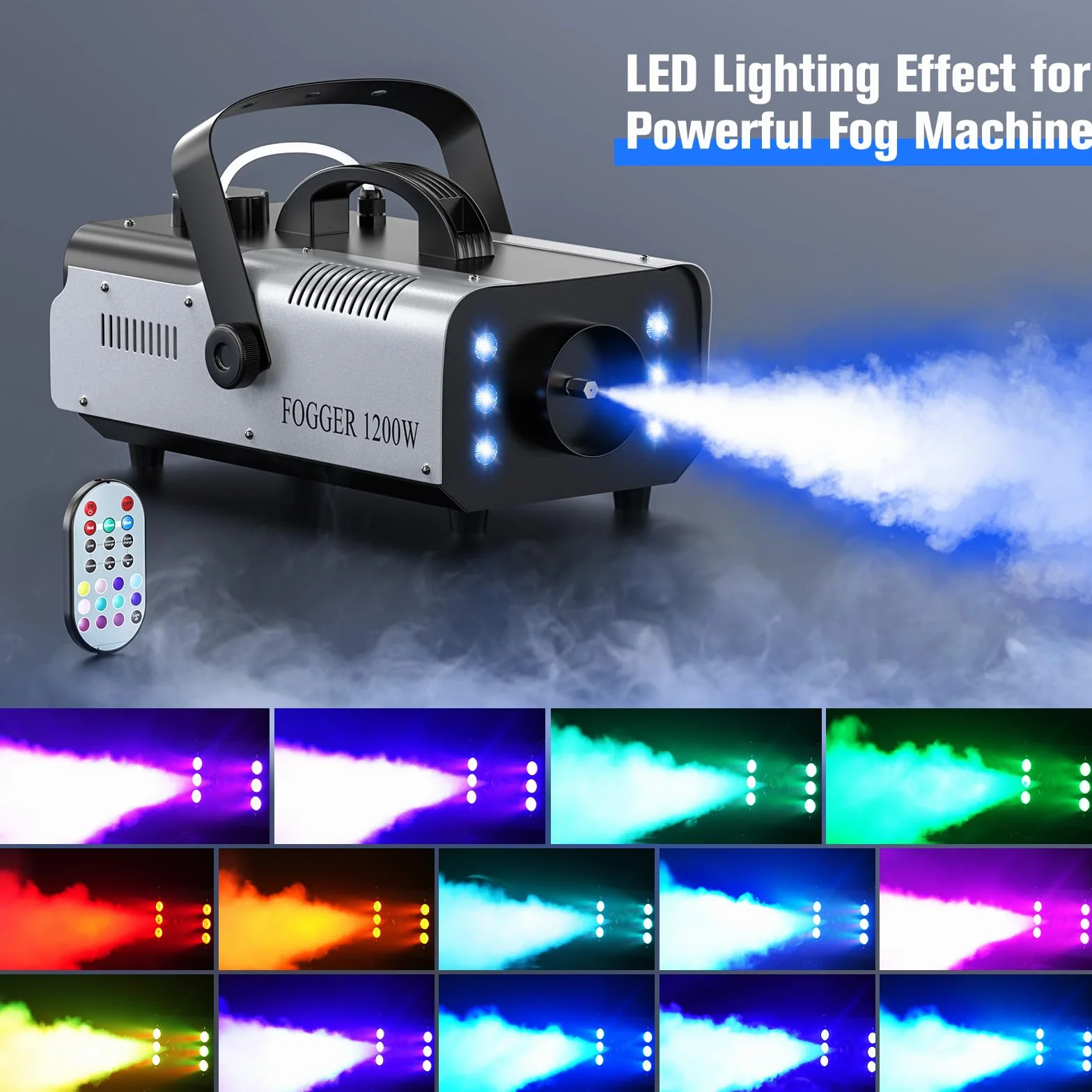 Wytwornica mgły 1200 W, do użytku na zewnątrz, z 6 kolorowymi światłami, UKing RGB, z pilotem zdalnego sterowania i zbiornikiem o pojemności 1 l, na wesele, imprezę, do teatru, do klubu dyskotekowego