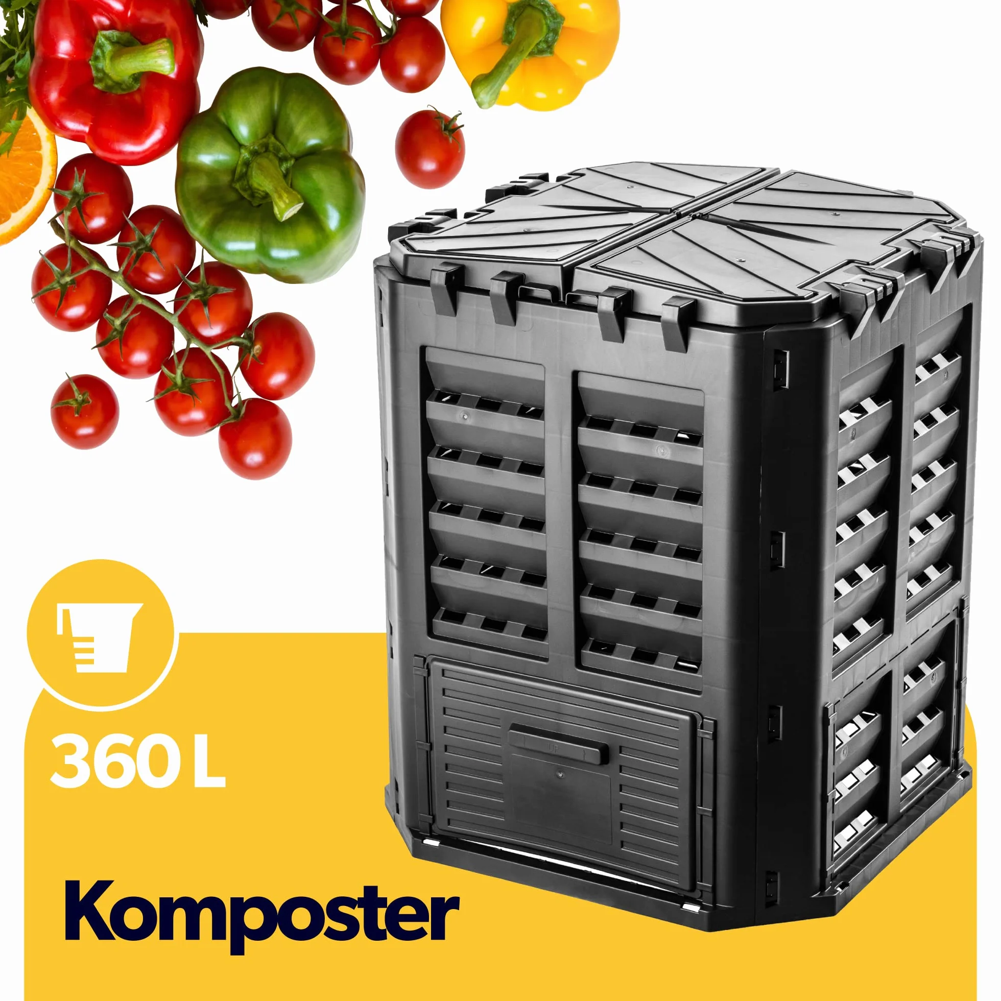 KADAX Kompostownik ogrodowy 360 l, odporny na warunki atmosferyczne, składana pokrywa ułatwia dostęp, szybsze kompostowanie resztek i odpadów zielonych
