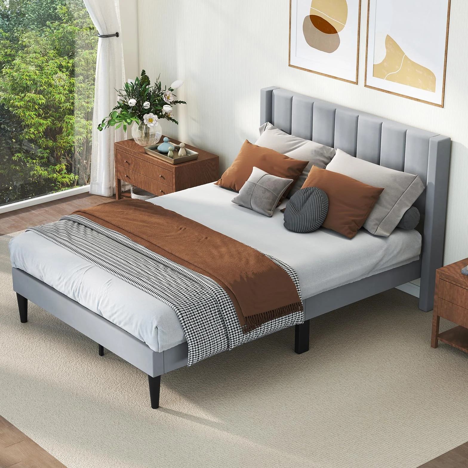 COSTWAY Rama łóżka na materac 200 x 140 cm, tapicerowany stelaż łóżka dwuosobowego, łóżko z podnóżkiem z zagłówkiem, drewniana podpora, regulowane podkładki pod stopy, kolor szary (Model I,L)