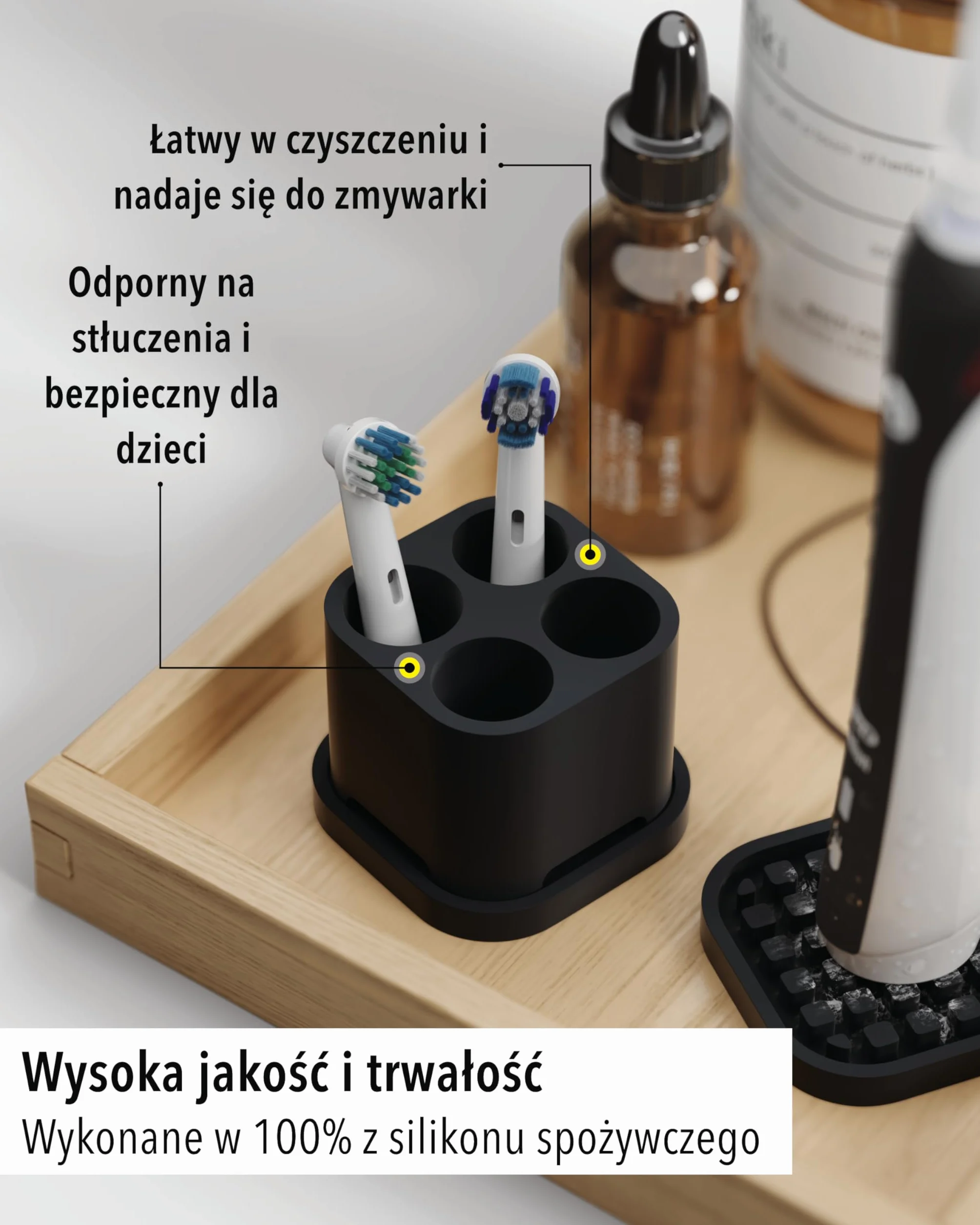 Qikfresh - Uchwyt na 4 końcówki i szczoteczki do zębów - Kompatybilny z Oral-B, iO, Philips Sonicare, Waterpik, Fairywill - Silikon spożywczy (Czarny)