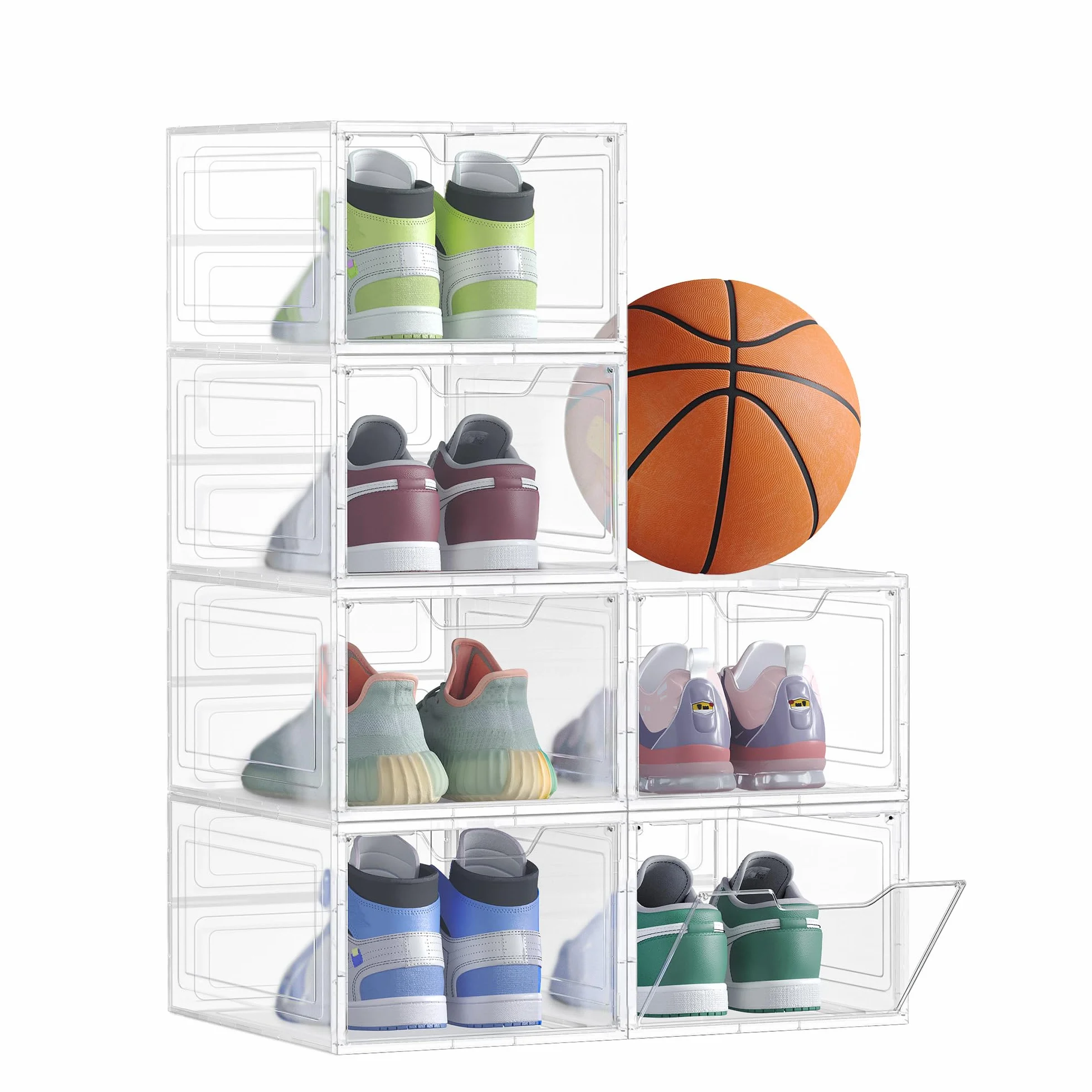 SONGMICS Pudełka na buty Plastikowy organizer na buty z przezroczystymi drzwiczkami Zestaw 6 szt.układania w stosy Łatwy montaż 34 x 25 x 18,4 cm na buty do rozmiaru 44 Przezroczysty biały LSP406W02