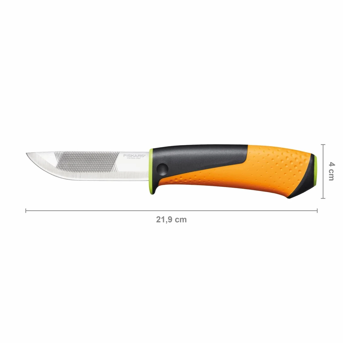 Fiskars Nóż profesjonalny wraz z kaburą z wbudowaną ostrzałką, Długość całkowita: 21,9 cm, Czarny/ pomarańczowy/ zielony, 1023619