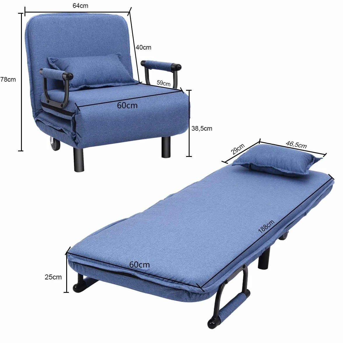 COSTWAY Fotel do spania 3 w 1 z funkcją łóżka, sofa do spania, składana, fotel składany, sofa z regulowanym oparciem, w zestawie poduszka, do sypialni, salonu, biura (niebieski)