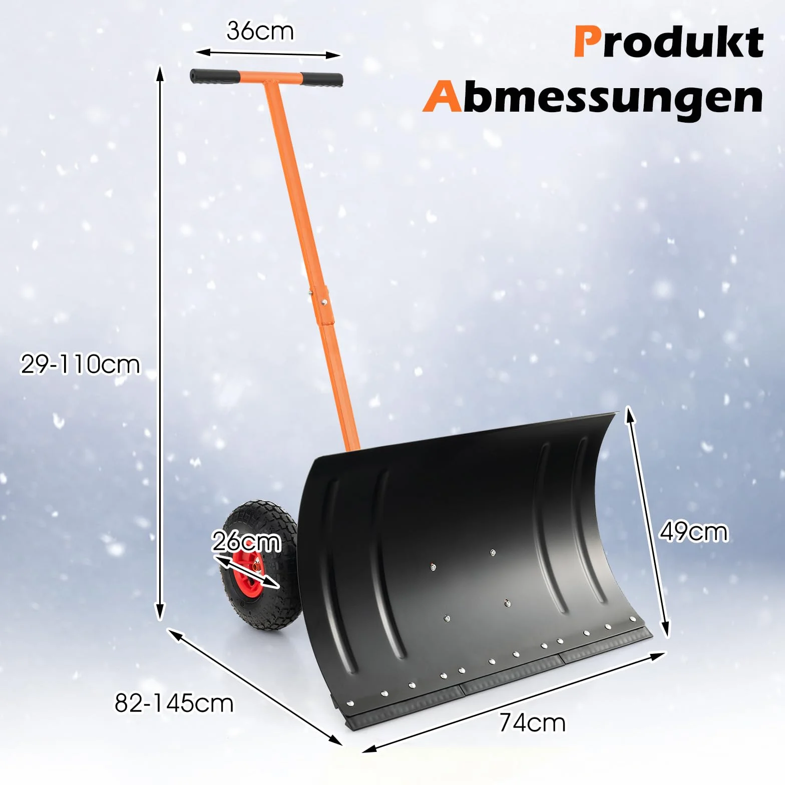 COSTWAY Łopata do śniegu na kółkach z regulacją wysokości, tarcza do śniegu 74 cm, szerokość robocza 49 cm, chroniąca plecy szufla do śniegu z regulowanym kątem, odśnieżarka metalowa