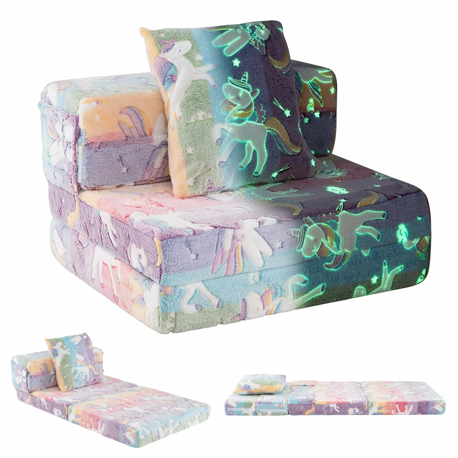 COSTWAY Sofa dziecięca 3 w 1 świecąca w ciemności, składany fotel z poduszką i zdejmowanym pokrowcem, wyściełana sofa do zabawy z funkcją spania do pokoju dziecięcego, kolorowy