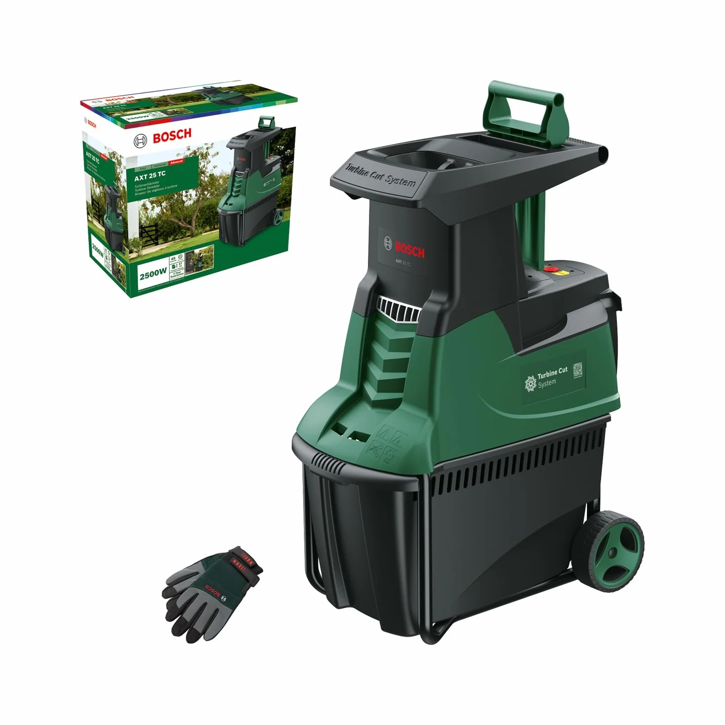 Bosch Rozdrabniarka ogrodowa Turbine Cut AXT 25 TC (2 500 W, do drewna i twardych odpadków ogrodowych, zawiera rękawice ogrodowe, zintegrowany zbiornik o pojemności 53 l) – Amazon Edition
