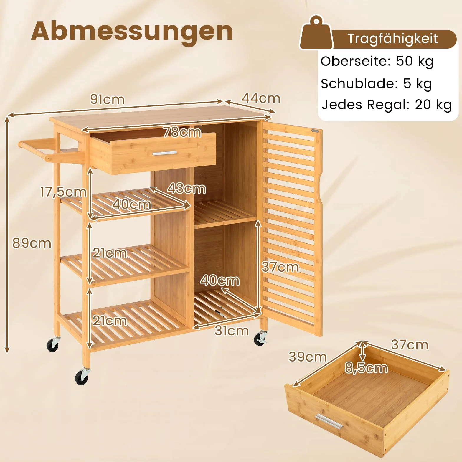 COSTWAY Wózek kuchenny z drewna bambusowego, szafka kuchenna na kółkach, wózek do serwowania z szufladą, 3 półki, wieszak na ręczniki i 1 szafka z drzwiami listwowymi, wózek do kuchni jadalni, 91 x 44