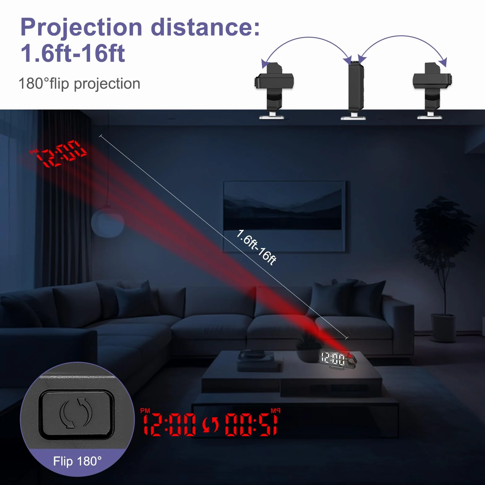 Reveil sufit projektora, projekcja lustra budzika, cyfrowy budzik z dużym ekranem 7,9-calowa dioda LED, temperatura, ściemniacz, drzemka, tryb nocny, cyfrowy projektor zegara 180°