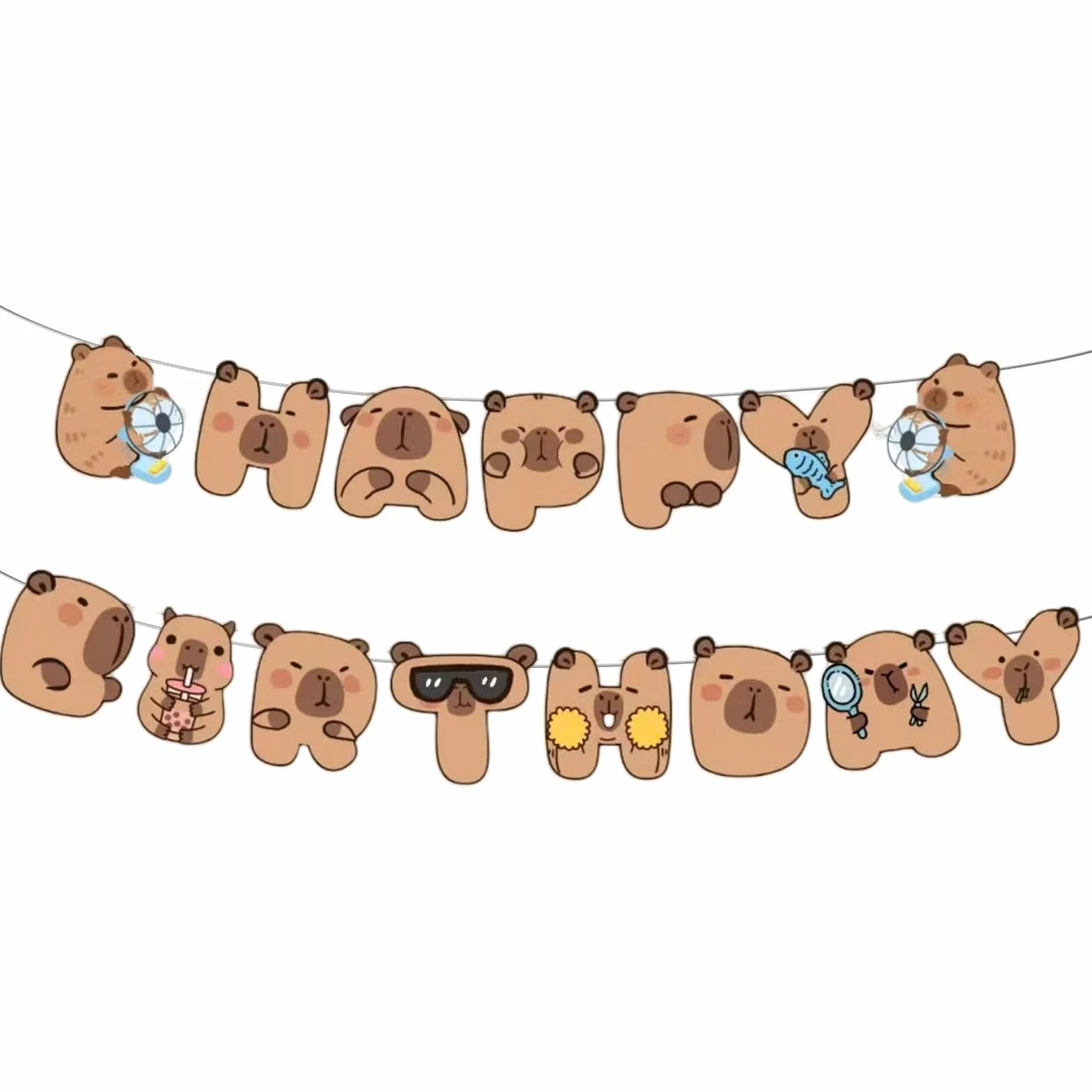 Goiern Happy Capybara dekoracje urodzinowe – słodki baner na przyjęcie urodzinowe Capy i 8 pojedynczych papierowych kartek z kokardkami