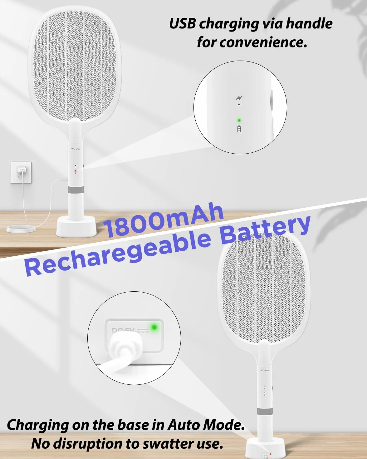 Elektryczna Packa na Muchy, 3000V Ładowalna Zabijacz Komarów z Lampą UV, 1800mAh Łapka Owady, Trzy Warstwy Ochrony z Siatki, Używana do Zabijania Komarów i Innych Latających Owadów