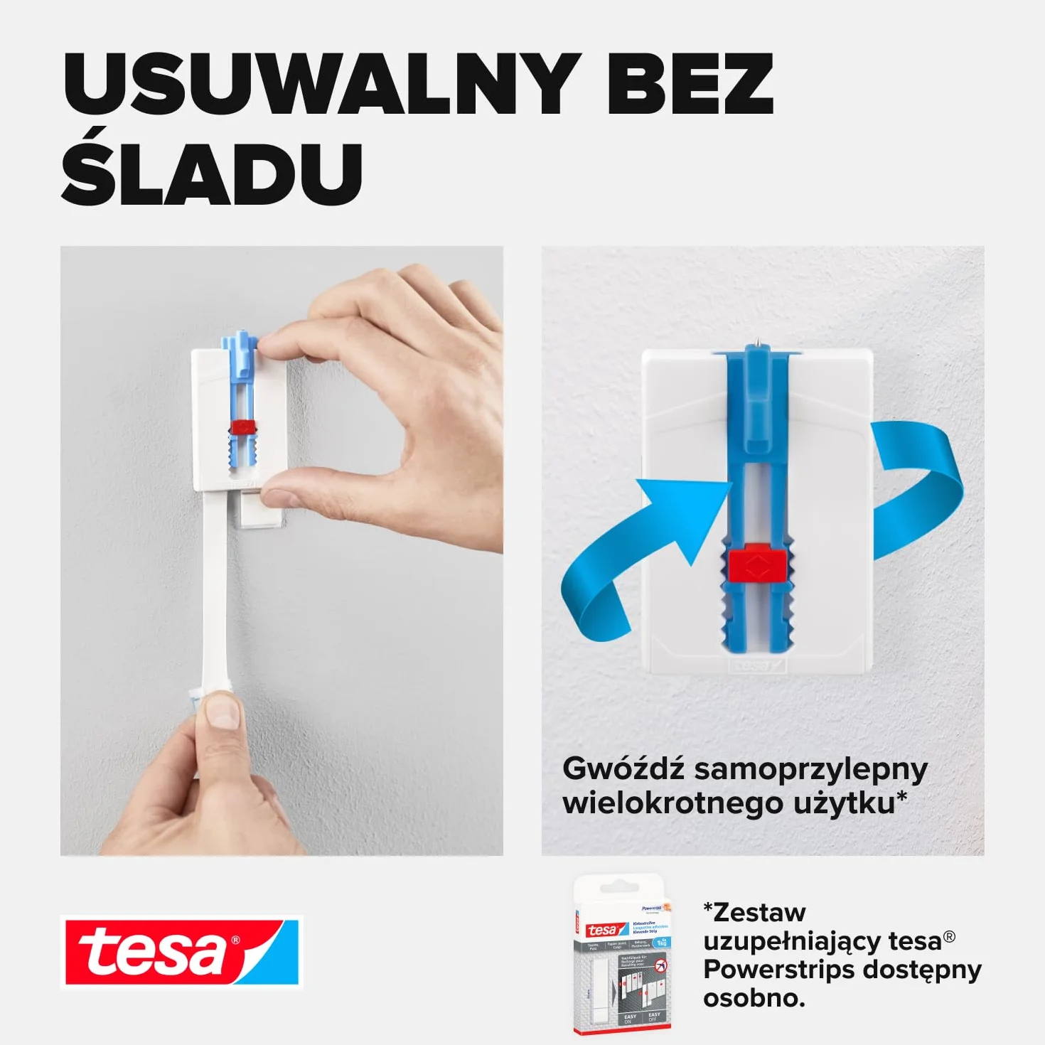 Tesa gwóźdź samoprzylepny do tapet i tynku, z regulacją wysokości, idealny do płócien i blejtramów, wytrzymuje do 2 kg, demontaż bez pozostawiania śladów