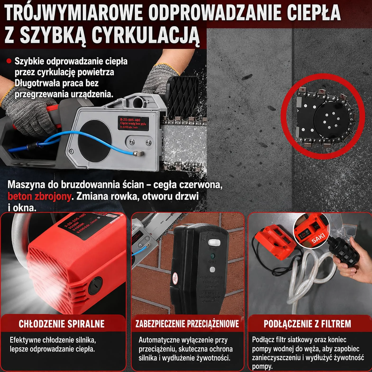 Elektryczna piła łańcuchowa do betonu z bezszczotkowym silnikiem, przecinarka do betonu, potężna piła łańcuchowa z dwoma łańcuchami/prowadnicą, do betonu zbrojonego/ściany z czerwonej cegły/ściany