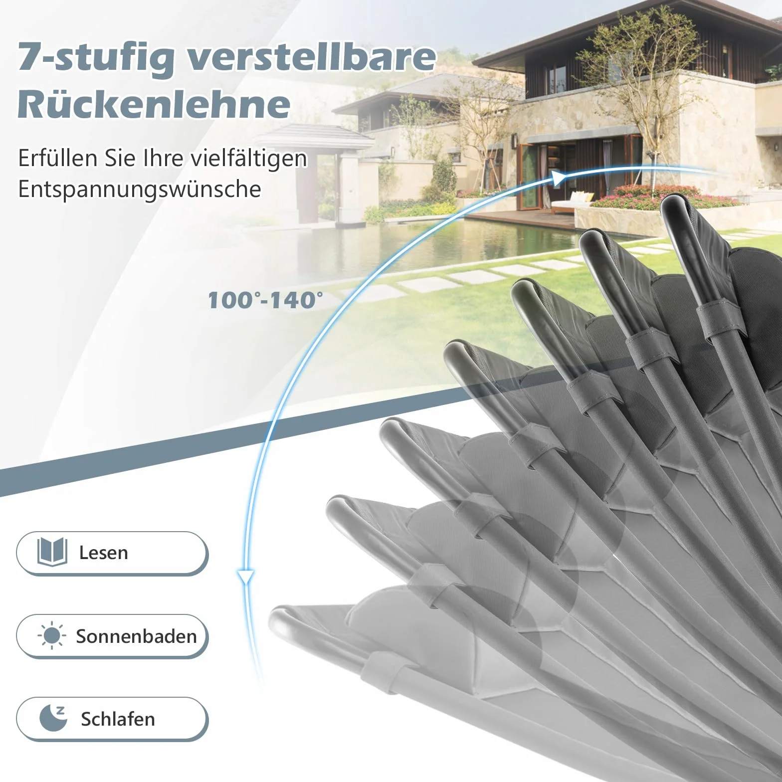 COSTWAY Zestaw 2 ogrodowych krzeseł z zagłówkiem, 7-stopniowa regulacja oparcia, składane krzeseł balkonowe, wysokie oparcie, oddychające, outdoorowe do ogrodu, na taras
