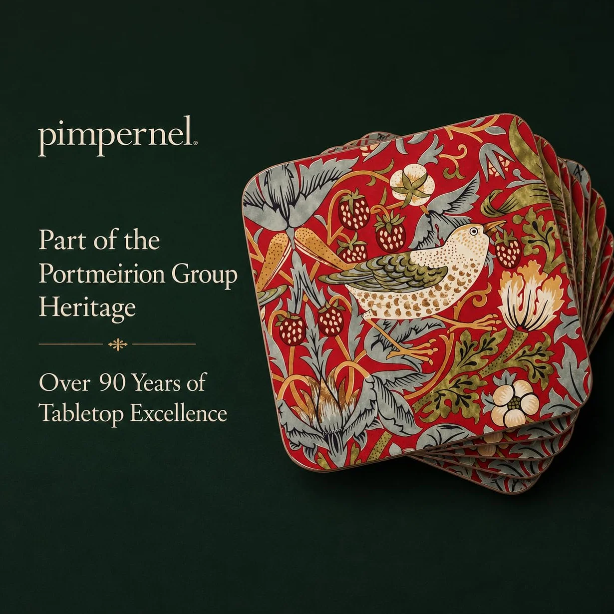 Portmeirion Pimpernel Strawberry Thief czerwone podstawki zestaw 6 sztuk 10,5 x 10,5 x 0,58 cm