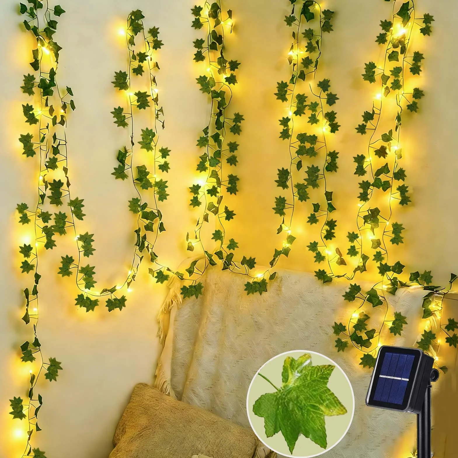 Joycome Solarny łańcuch świetlny, 10 m, 100 diod LED, bluszcz, 8 trybów, z łańcuchem świetlnym, IP65, odporny na warunki atmosferyczne, liście, na balkon, do ogrodu, na taras, do użytku na zewnątrz