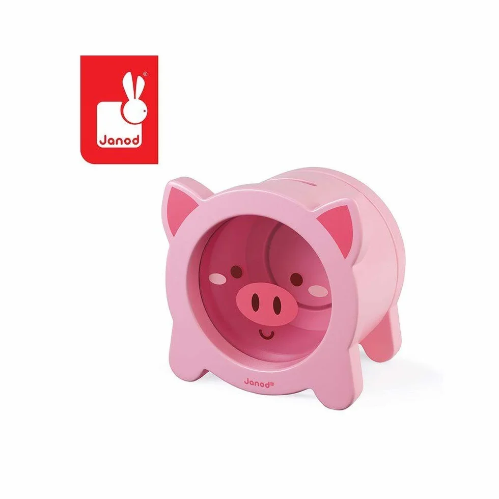 Janod - Wooden Children’s Piggy Bank 5.9 inch - See-Through Side and Magnetic Opening - Children's Room Decoration - Suitable for Ages 3 and Up, J04653