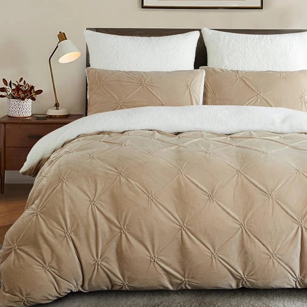 Lanqinglv Zestaw 2 poszewek na poduszkę 40x80cm Beżowy Khaki Flanel Miękki Teddy Fleece Kaszmirowy Touch Pintuck Poszewka na poduszkę z zamkiem błyskawicznym Dwupak