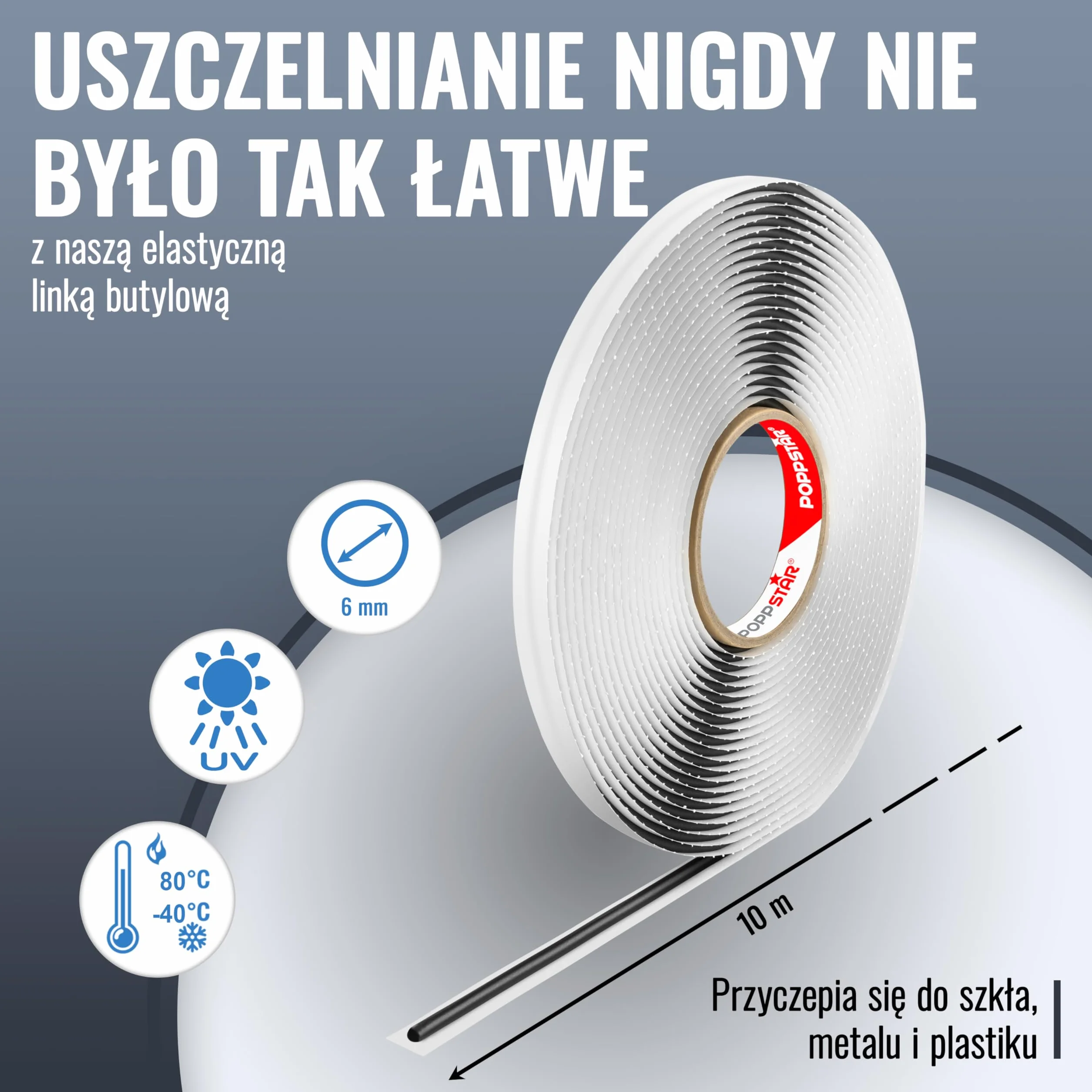 Poppstar okrągły sznurek butylowy taśma klejąca butylowa (10 m x 6 mm), taśma uszczelniająca, samoprzylepna, okrągła, czarna
