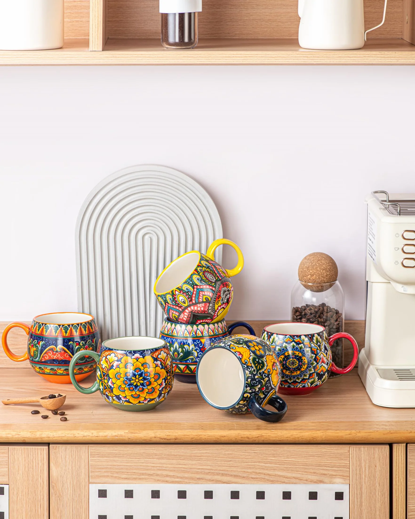 Zestaw kubków porcelanowych, ceramiczne filiżanki do cappuccino/kubki - 600ml, zastawa stołowa do 6 osób, zestaw filiżanek kawowych - styl bohemski