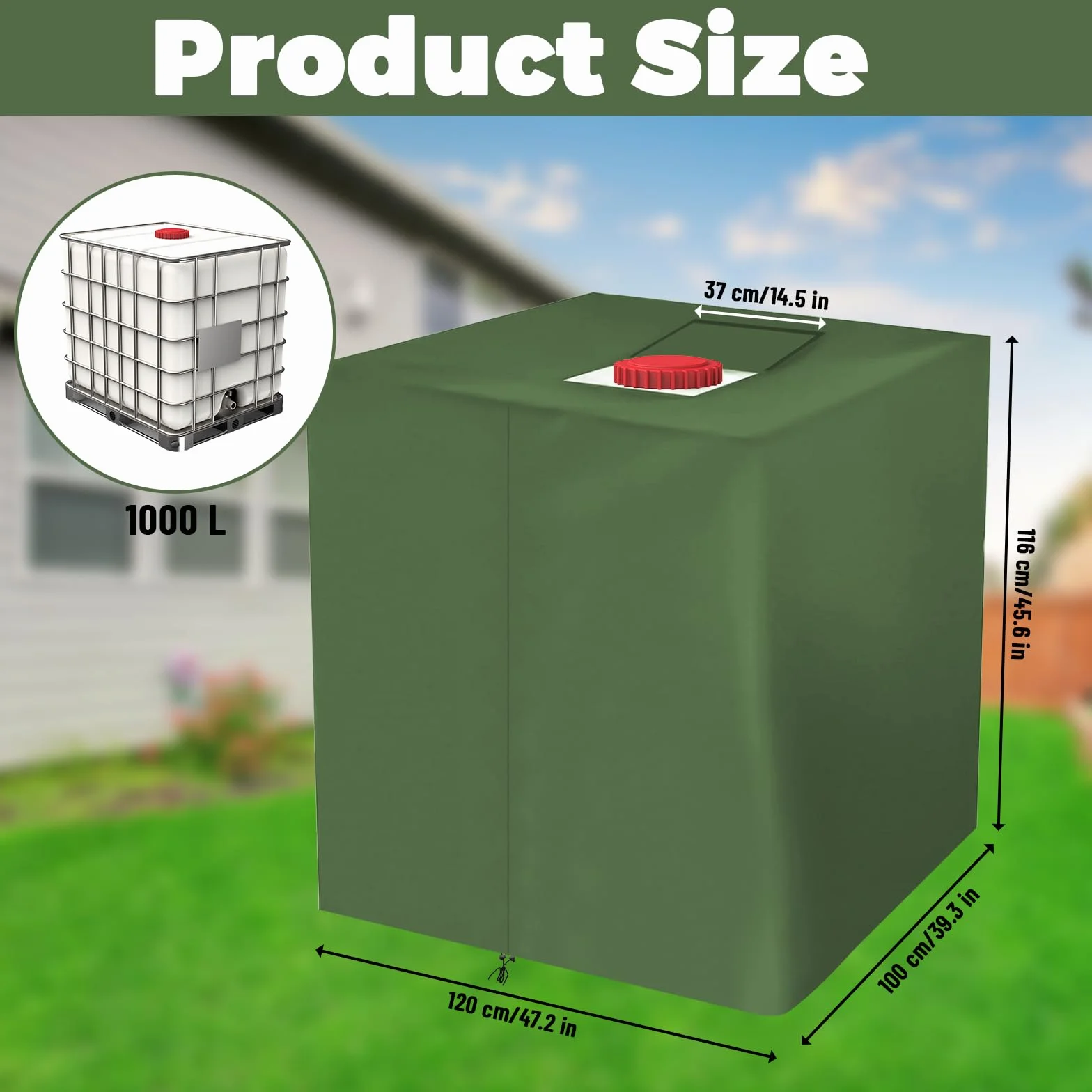 Pokrywa na zbiornik IBC 1000L – Wodoodporna osłona UV do zbiornika wodnego i kontenera IBC 420D – Plandeka z zamkiem błyskawicznym 120x100x116 cm (Zielony)