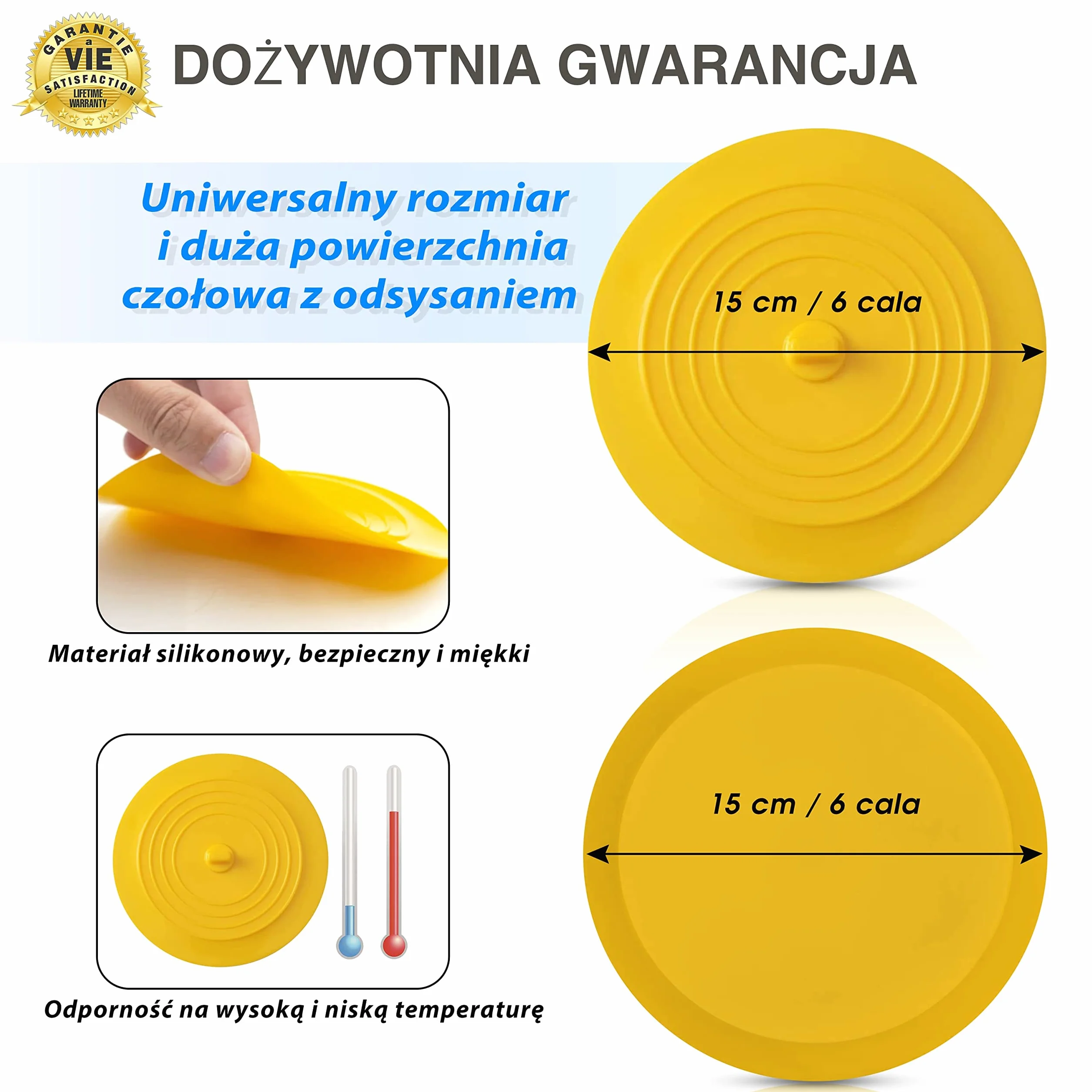 Silikonowy Korek - 15.2 cm - ✮DOŻYWOTNIA GWARANCJA✮ - Uniwersalny Korek do Umywalki, Wanny, Zlewu - Gumowy, Okrągły, Wodoszczelny Korek Umywalkowy do Łazienki i Kuchni - Kolor Żółty