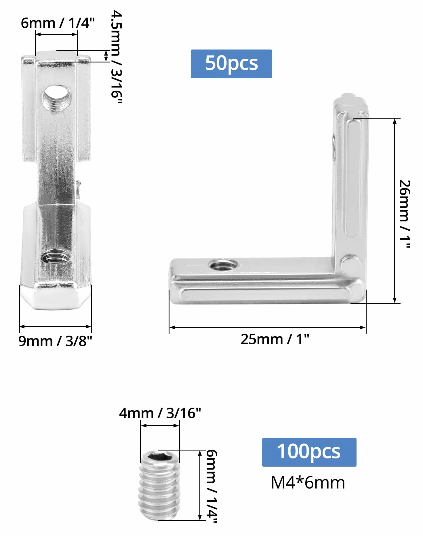 QWORK® 50szt. rowek T rowek T profil aluminiowy 2020 rowek 6 wspornik kątowy M4, 90° kształt litery L łącznik narożny wewnętrzny łącznik narożny stop cynku niklowany