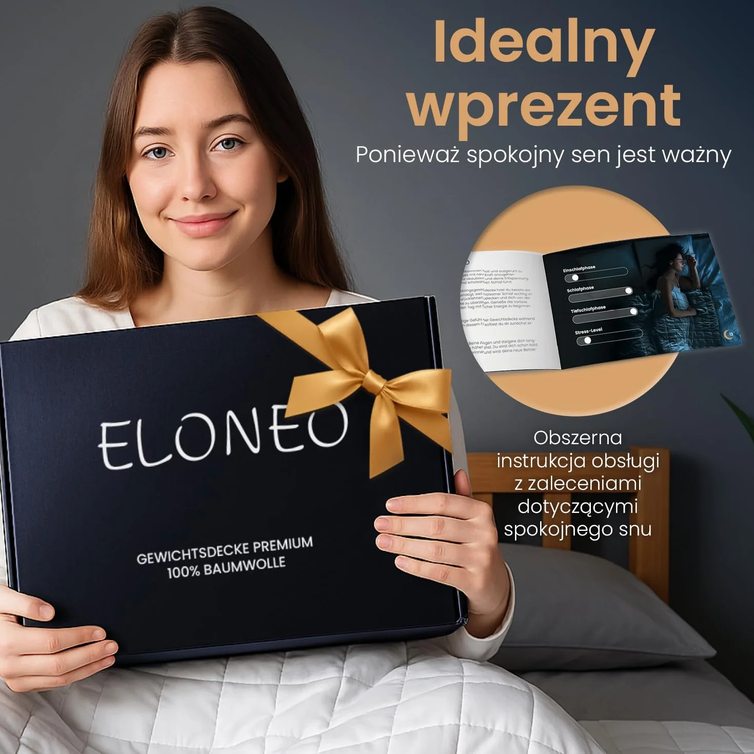 ELONEO koc obciążeniowy 200x200 cm o wadze 11 kg, z certyfikatami TÜV i Oeko-Tex, weighted blanket z 100% bawełny, koc relaksacyjny i terapeutyczny przeciw stresowi, ciężki koc do spania