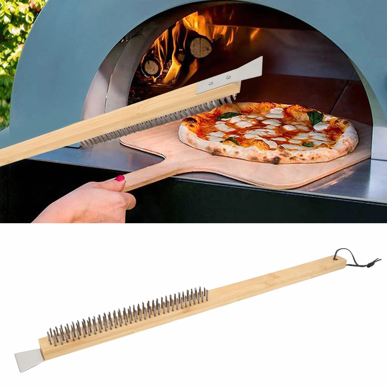 Szczotka do kamienia do pizzy, szczotka do pieca do pizzy z otworem do zawieszania, drut miedziany, szczotka do pizzy z drewnianym uchwytem i skrobakiem ze stali nierdzewnej, akcesoria do pieca do