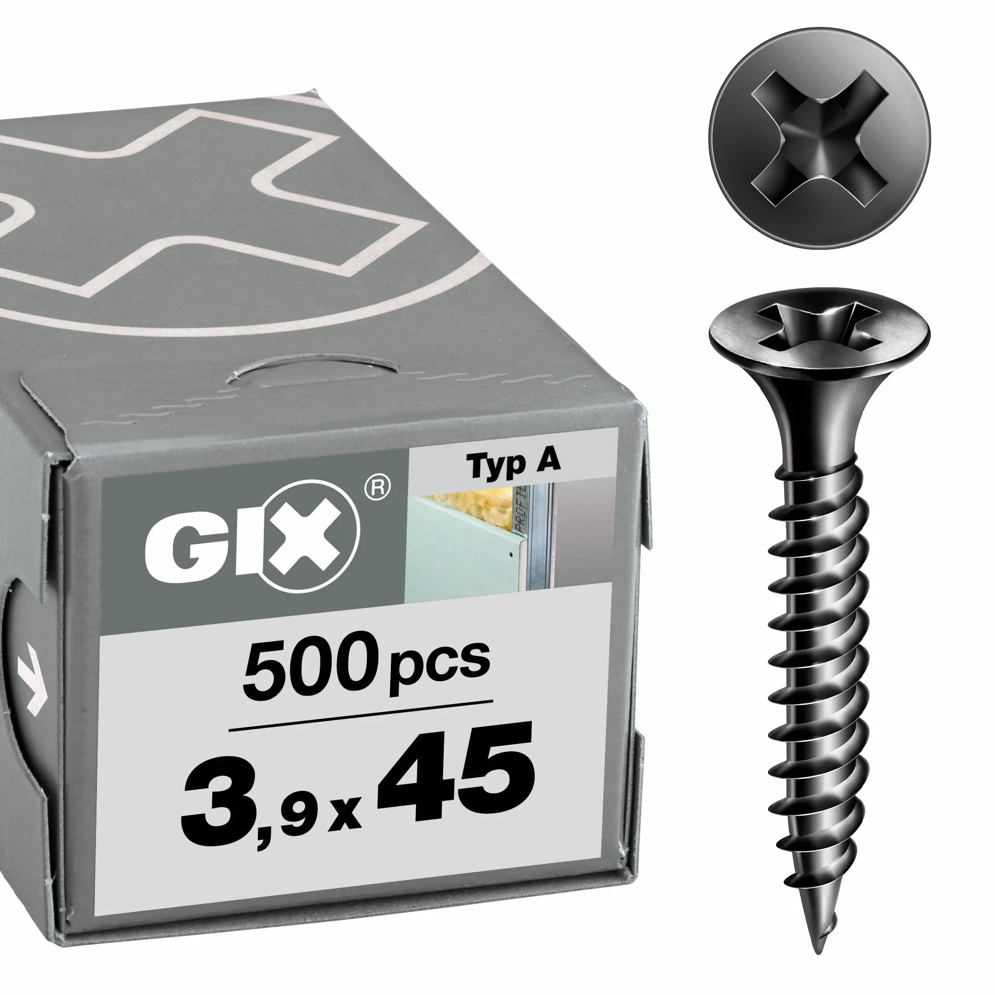 SPAX GIX-A wkręty do szybkiego montażu 3,9 x 45 mm, gwint drobny, 500 sztuk, łeb trąbki, z rowkiem krzyżowym H2, śruby do płyt gipsowo-kartonowych na metalowym stojaku – 1091170390455
