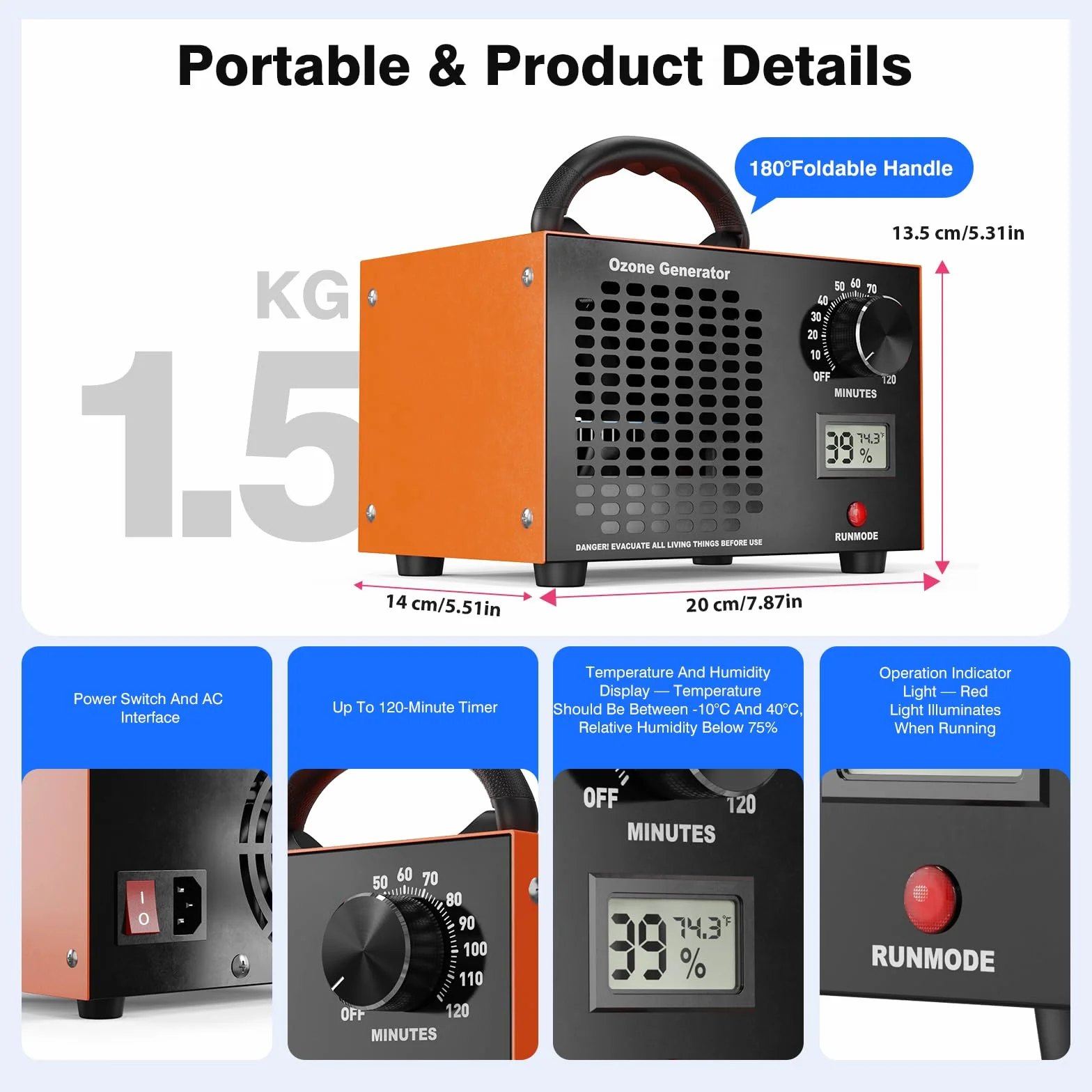 Generator Ozonu 160000 mg/h 2 w 1 Oczyszczacz Powietrza Ozonowy LED Timer 120 min Pokrycie 300 m²