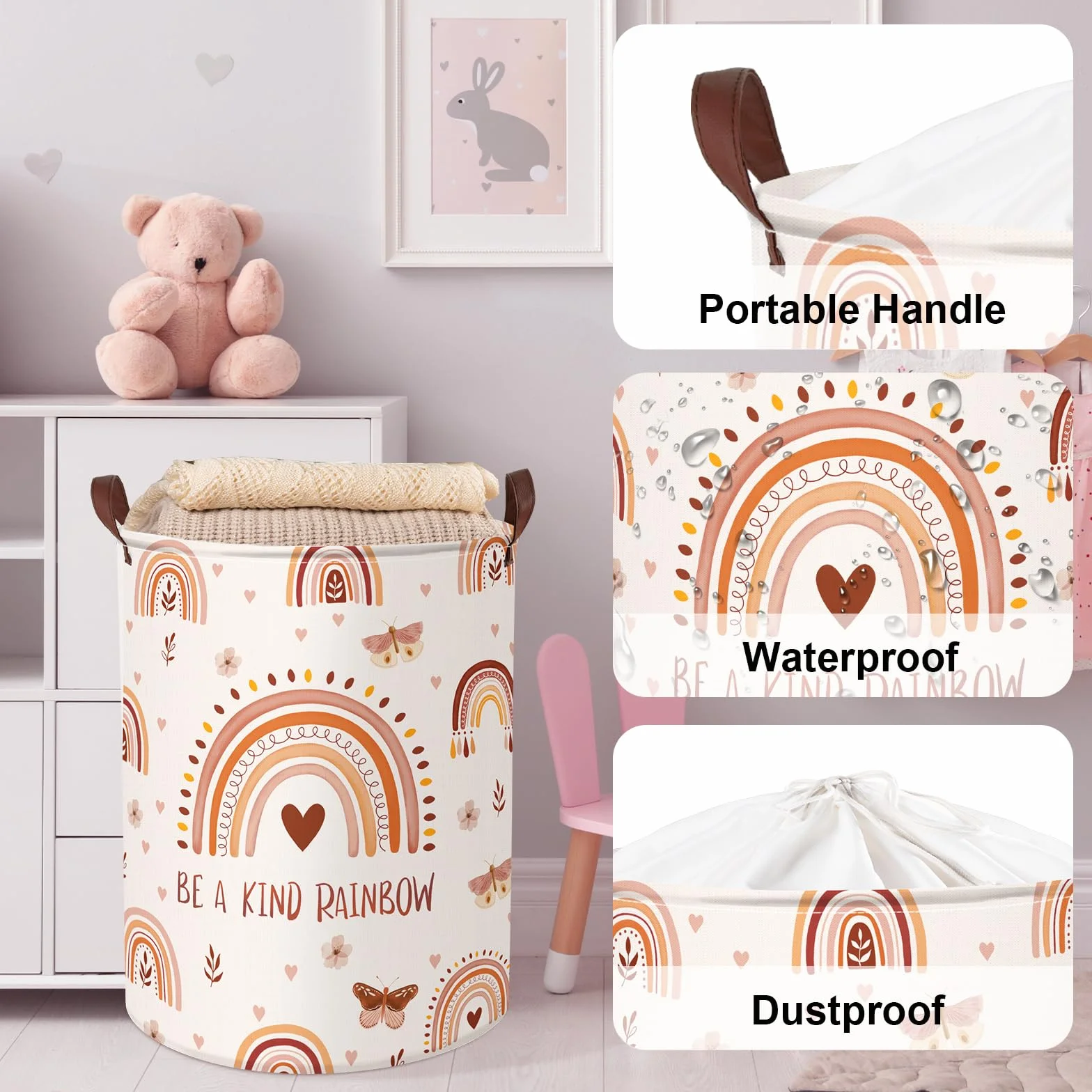 Clastyle 45L Boho Tęcza Różowy Dziecięcy Kosz na Pranie Butterfly Flowers Kids Laundry Basket Leaves Heart Clothes Toy Storage Basket For Bedroom, 36×45 cm