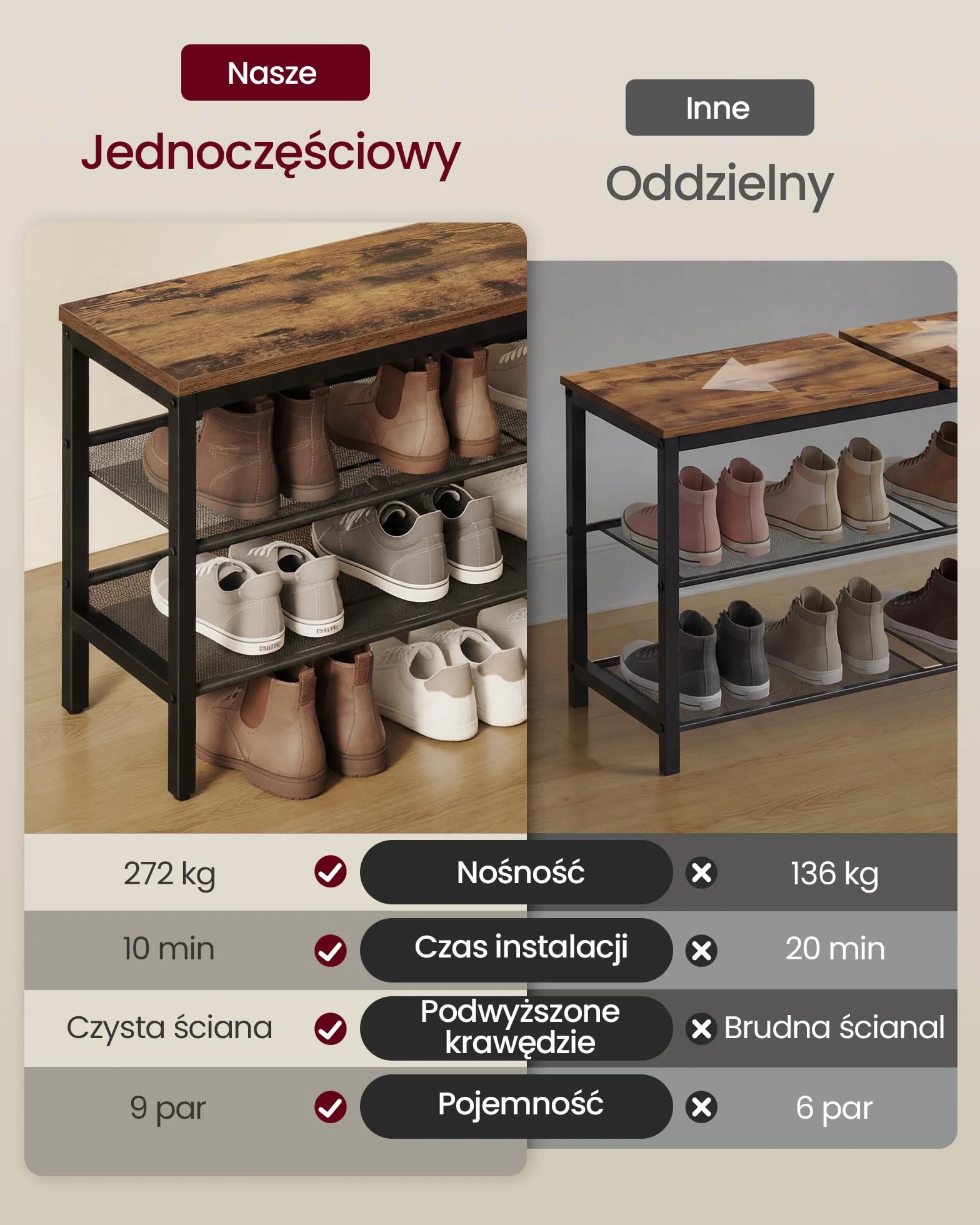 VASAGLE 3-poziomowa ławka na buty, półka na buty, z podniesionymi krawędziami, styl przemysłowy, łatwy montaż, 28 x 75 x 50 cm, vintage brązowy i czarny tusz LSB070KD02