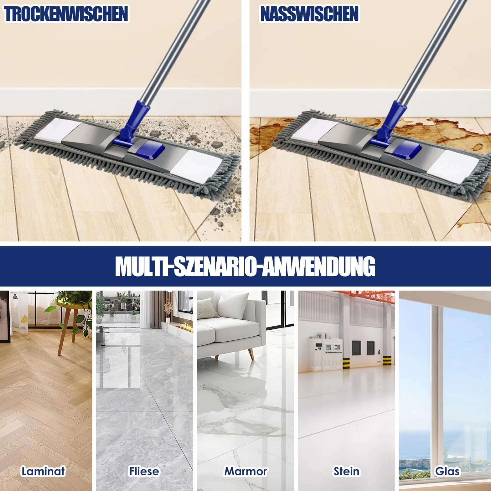 Myiosus Mop podłogowy, mop, obrót o 360°, z uchwytem teleskopowym 128 cm, płaski mop z 4 podkładkami, mop z mikrofibry do twardego drewna, laminatu, płytek, szybkie usuwanie