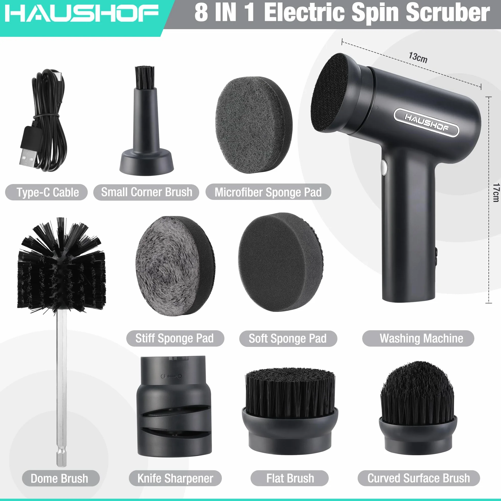HAUSHOF Zestaw elektrycznych szczotek do czyszczenia 7,2 V, z 7 główkami szczotek, 1 ostrzałką i podstawą, IPX6 Imperable, do kuchni, okna, zlewu