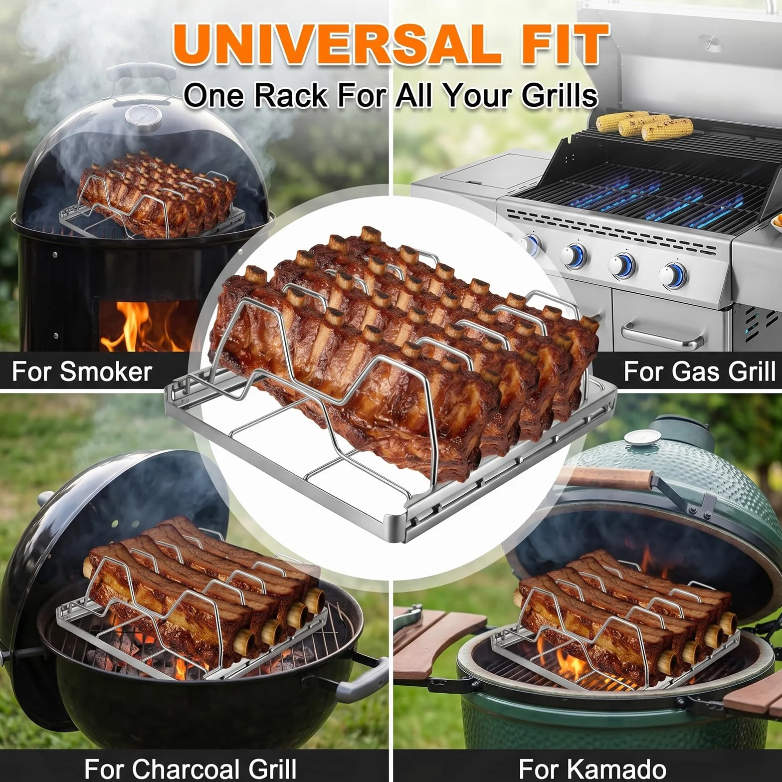 Stojak żeberkowy do grilla, uchwyt żeberkowy ze stali nierdzewnej do grillowania i wędzarni, akcesoria do grilla gazowego, grill węglowy, kuchnia na świeżym powietrzu i grill