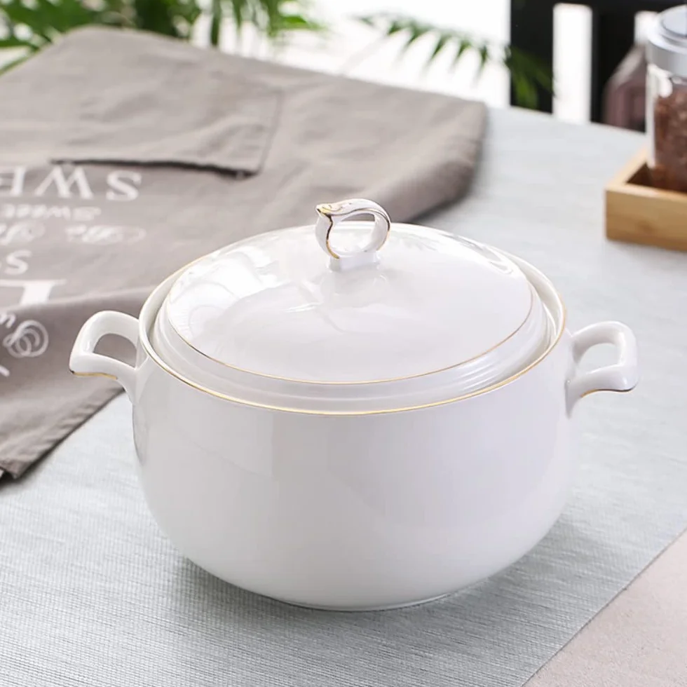 Ceramiczna waza do zupy z pokrywką, duża pojemność 3L, waza do serwowania z podwójnymi uchwytami do kuchni, porcelana, biała ze złotym wykończeniem, nadaje się do kuchenki mikrofalowej i zmywarki