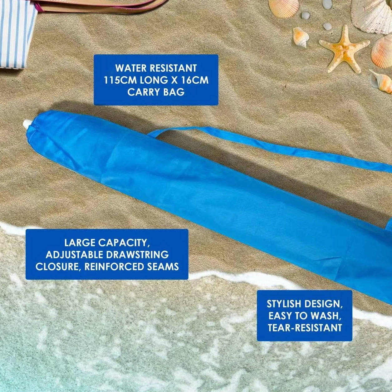 Pokrowiec na parasol plażowy z wytrzymałym uchwytem. Pokrowiec na parasol plażowy z niebieskim uchwytem. Dodatek lub akcesorium do parasoli plażowych.