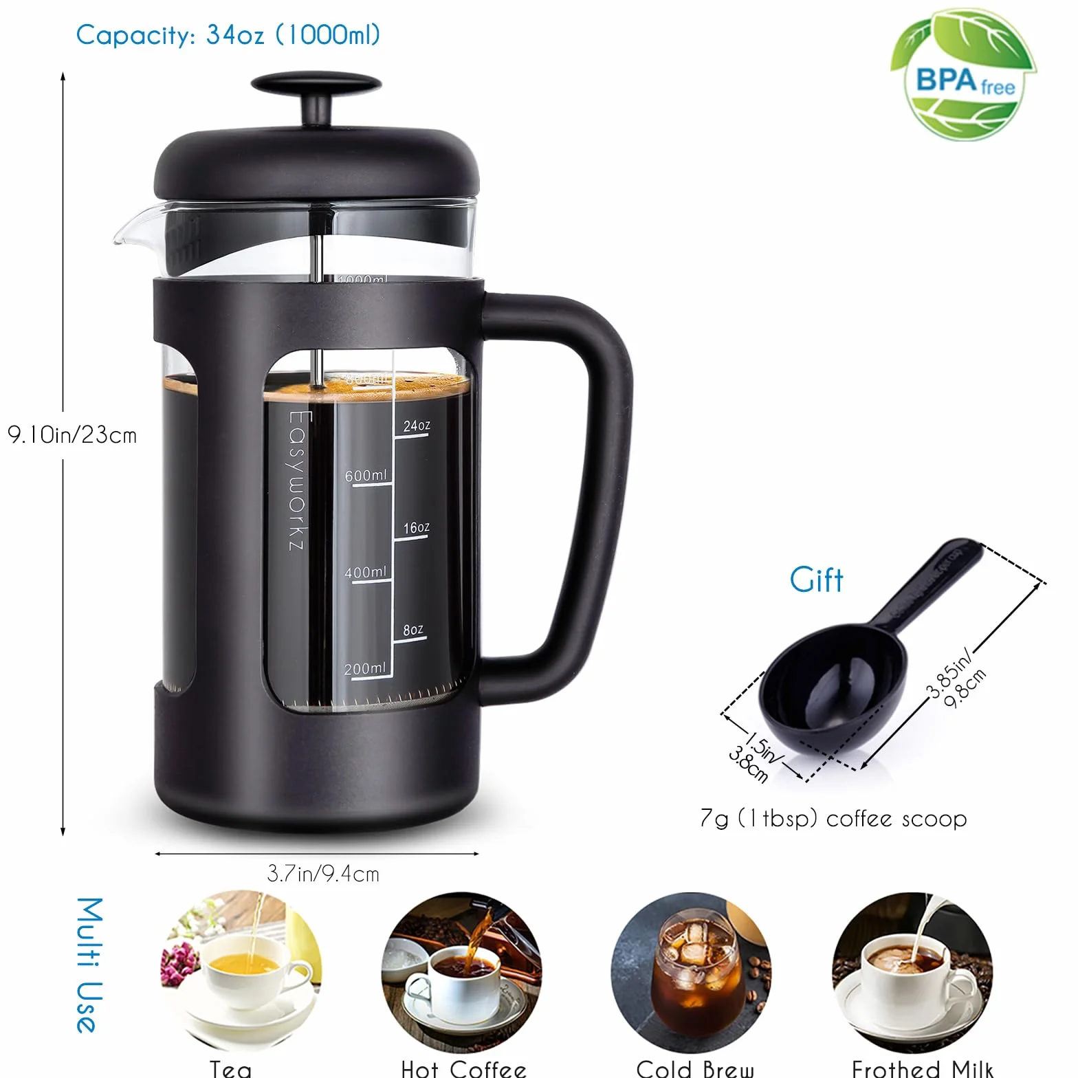 Easyworkz French Press Ekspres do kawy 1000 ml Szkło borokrzemowe Czarna