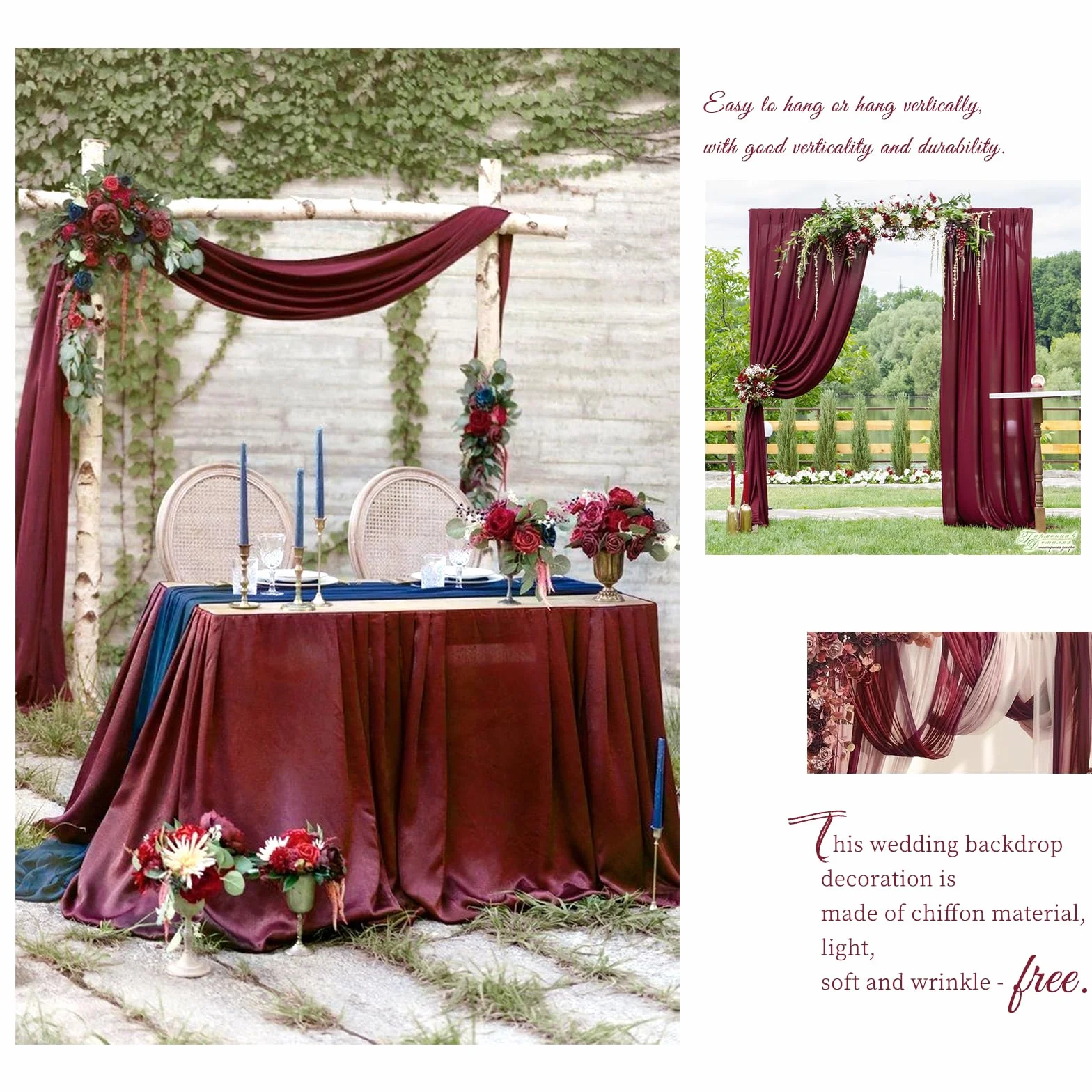 Showgeous łuk ślubny zasłona zasłona tkanina 2 panele 73 x 610 cm bordowy szyfon tkanina draperia łuk ślubny zasłony szyfonowe czyste tło zasłony na wesele łuk dekoracje ceremonii