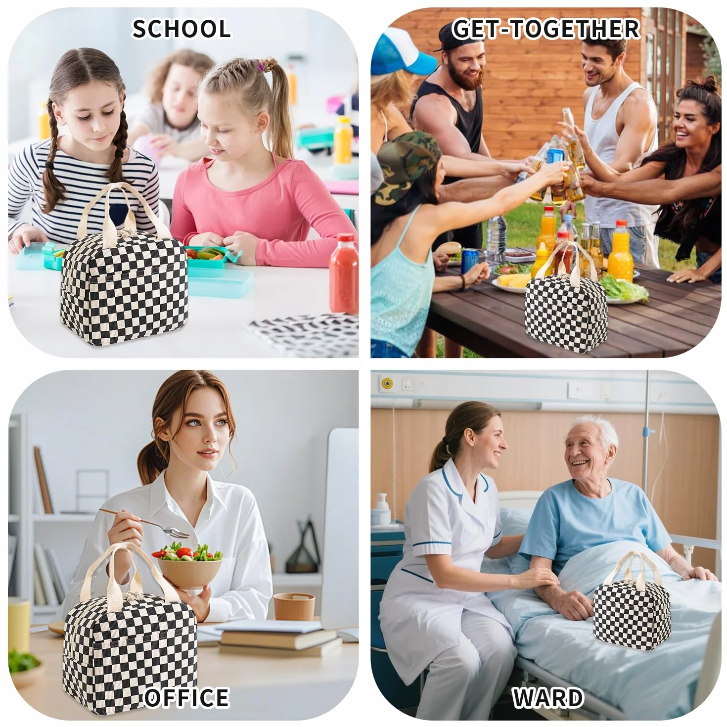 Torba na lunch izolowana składana mała torba chłodząca przenośna czarno-biała kratka