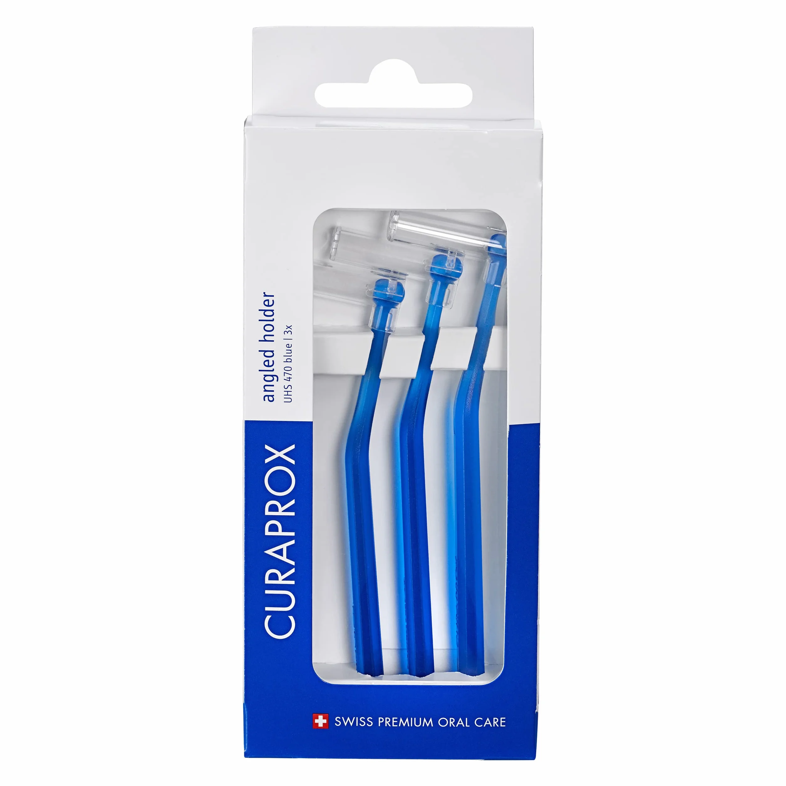 Curaprox Interdental Brush Holder UHS 470 – Angled Niebieski uchwyty z uniwersalnym Click-System na łatwy dostęp | Trio Pack (3 sztuk) / Made in Switzerland