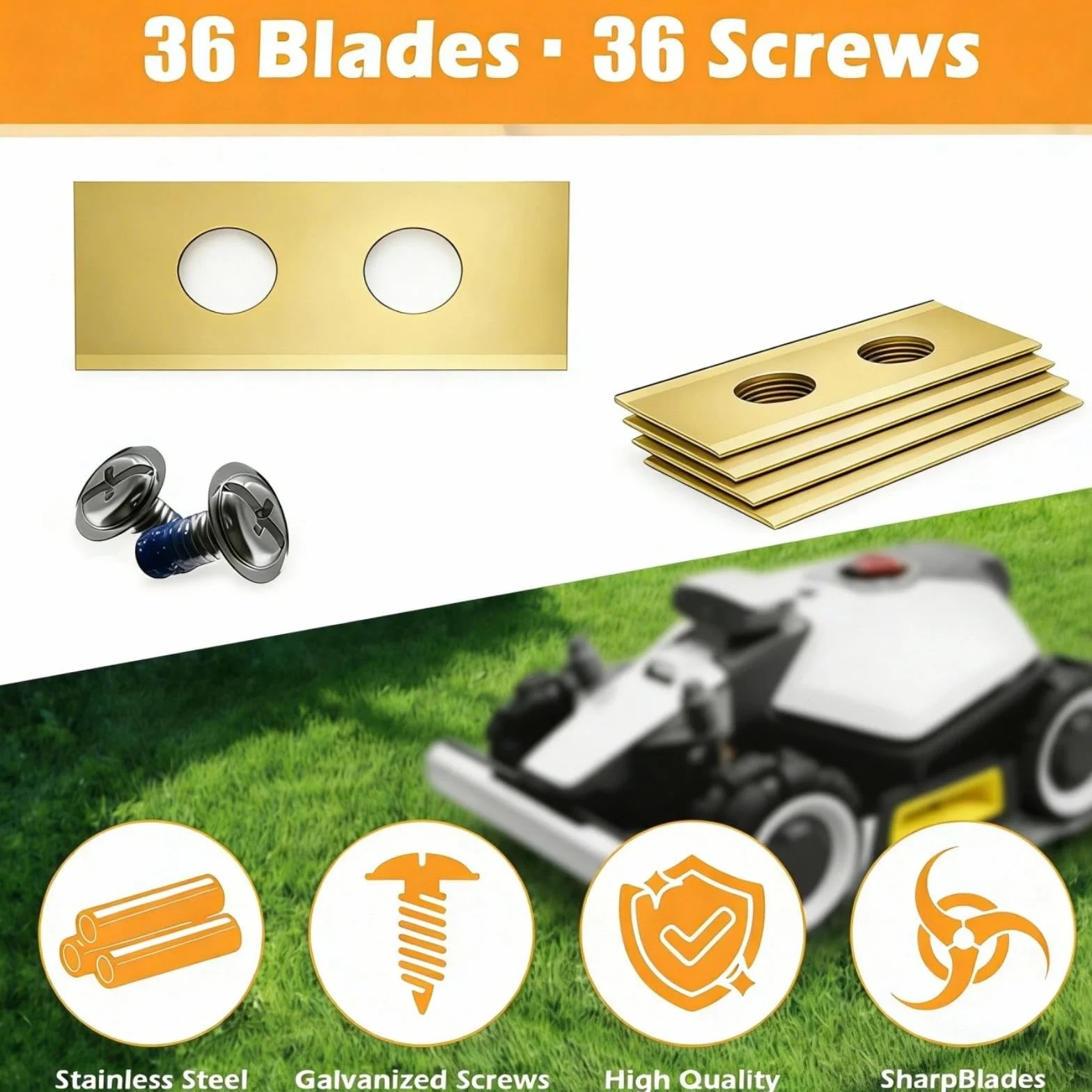 36 sztuk Ostrza Zamienne do Mammotion Luba, Luba 2, Luba 3, Yuka, Luba Mini oraz Yuka Mini, Stal Nierdzewna z Powłoką Tytanową 0,9 mm, ze Śrubami, Podkładkami, Pudełkiem do Przechowywania