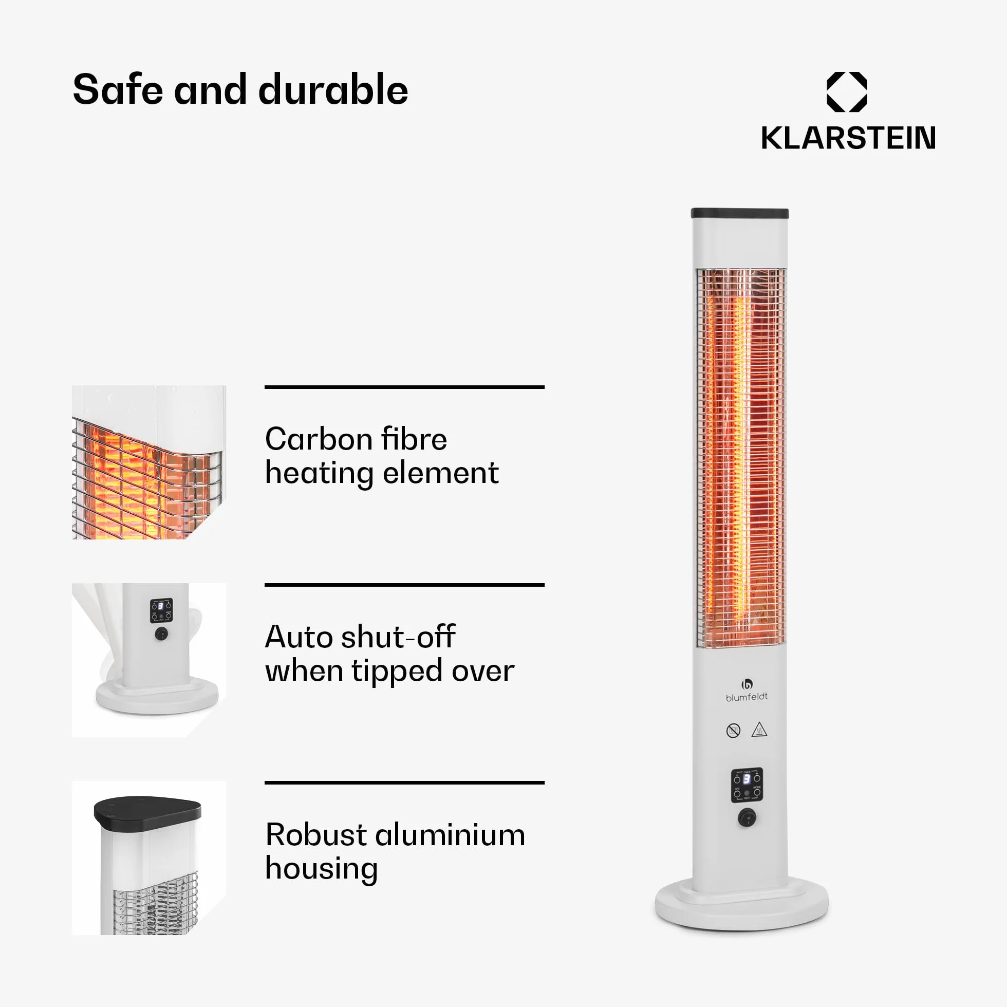 Blumfeldt Heat Guru Plus - Promiennik In & Out, ogrzewanie postojowe, moc: 1200 W, 9-godzinny timer, węglowy element grzewczy, 3 stopnie grzania, obudowa ze stopu aluminium anodowanego - kolor biały
