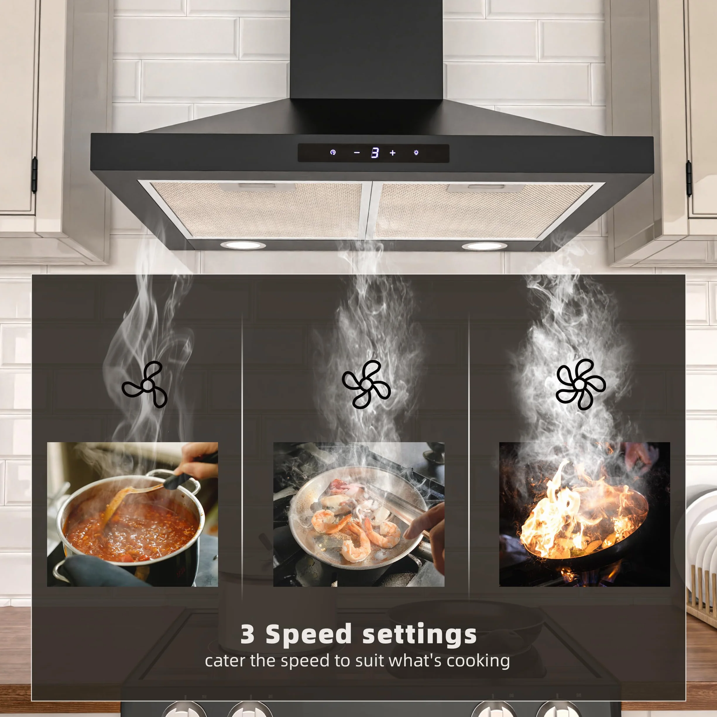 FIREGAS Okap kuchenny 60 cm czarny ze stali nierdzewnej, sterowanie dotykowe LED, 335 m³/h, klasa A