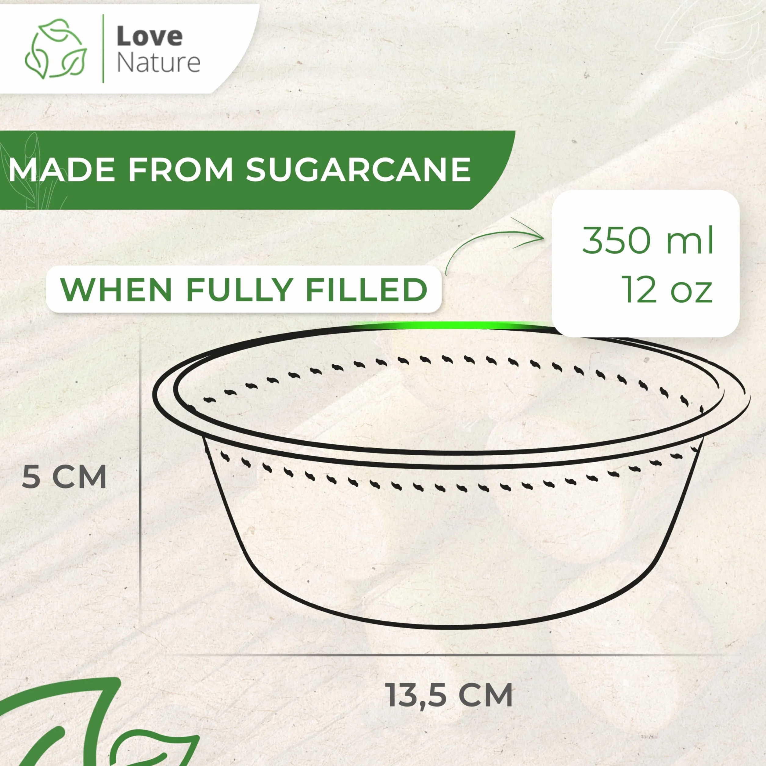 Love Nature Miski Jednorazowe z Pulpy Trzciny Cukrowej 350 ml 50 sztuk Ekologicznych Biodegradowalnych