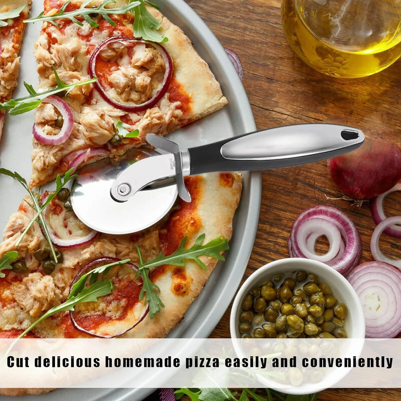 Nóż do pizzy premium ze stali nierdzewnej – nóż do pizzy z antypoślizgowym uchwytem – w zestawie pudełko do przechowywania – nadaje się do mycia w zmywarce, do pizzy, ciast i ciasta (21