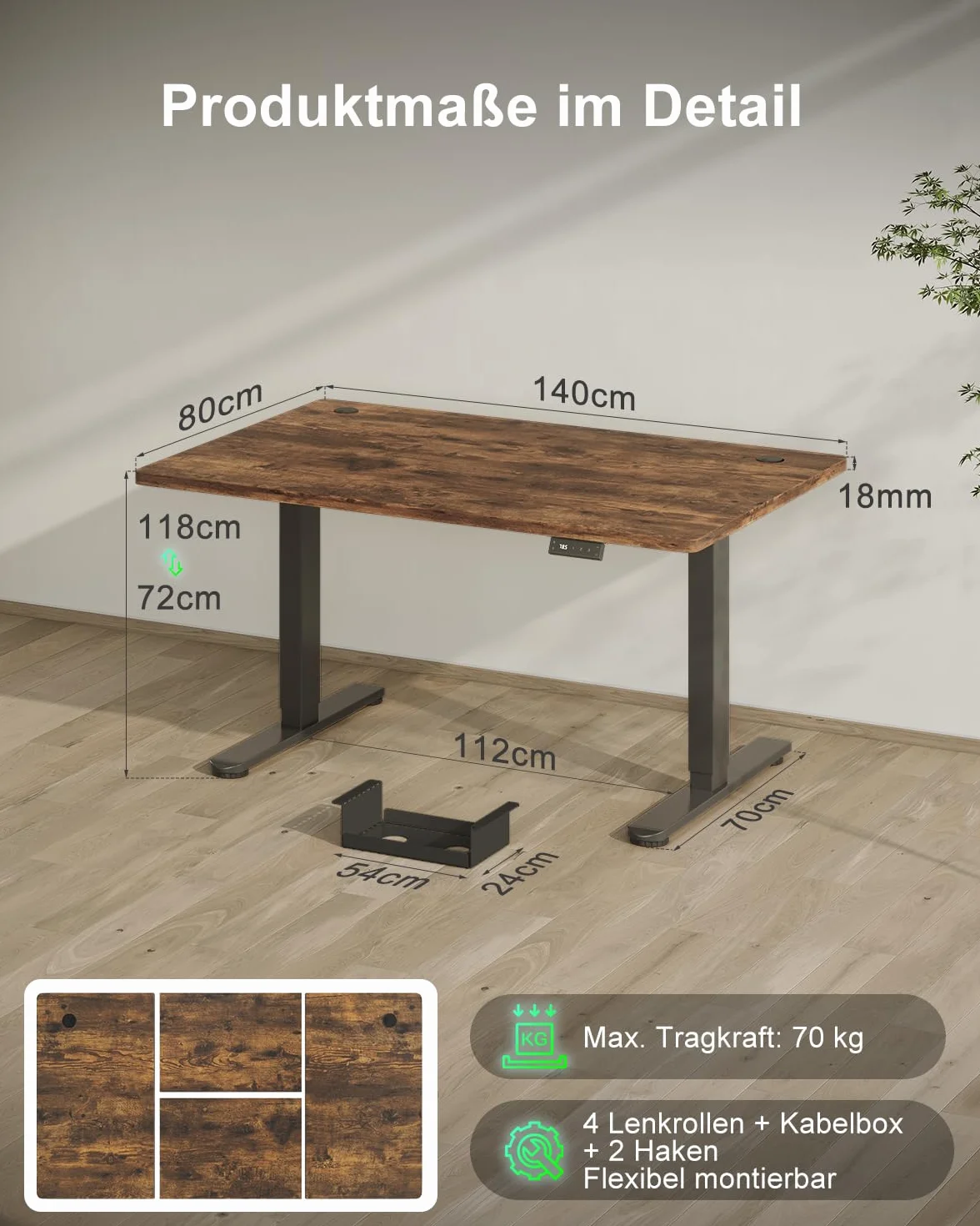 Devoko Elektryczne Biurko Stacjonarne Z Gniazdem Ładowania Typu C, 140 x 80 cm, Podnoszone Biurko, Regulowana Wysokość Z 3 Wysokościami, Organizer Kabli, Do Użytku Biurowego