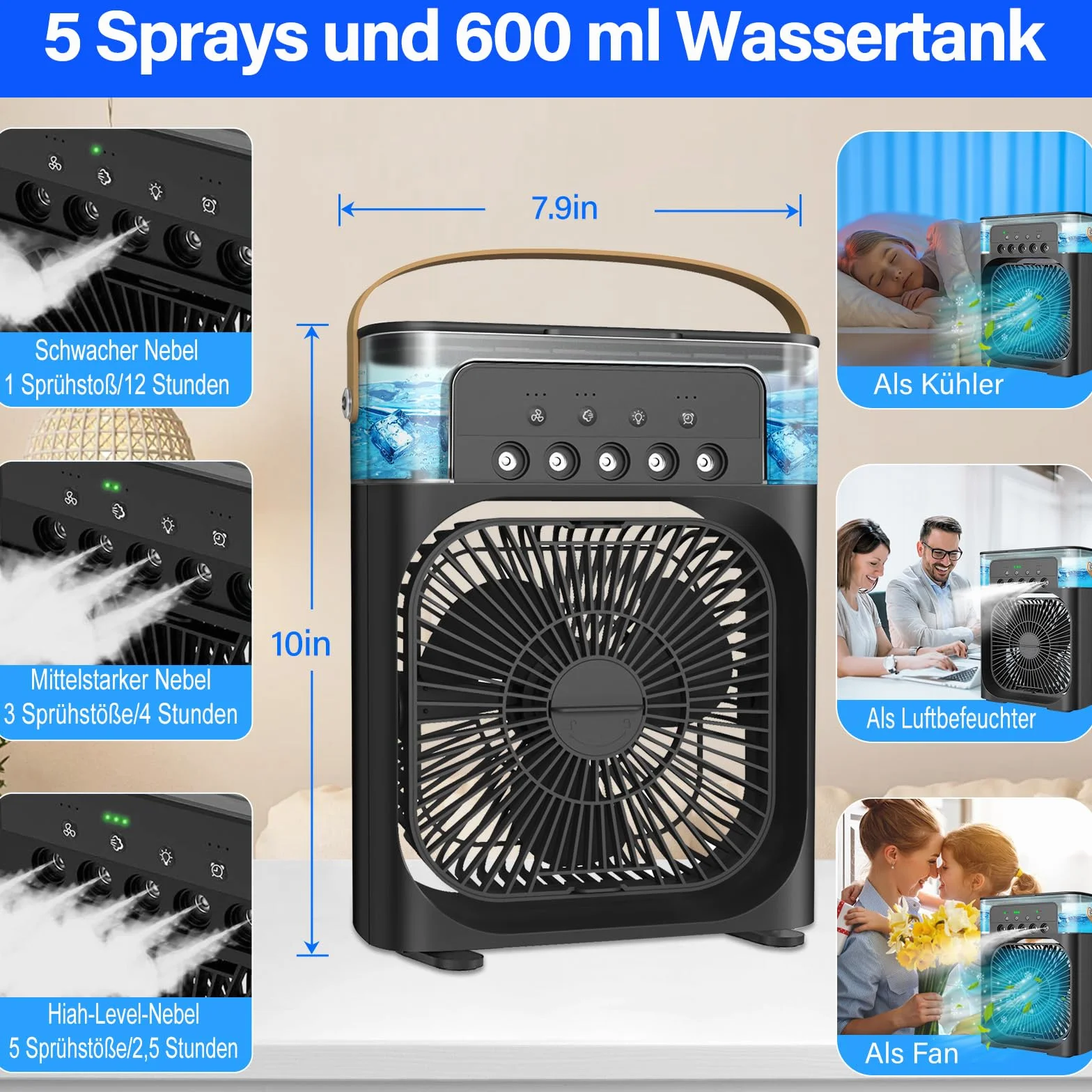 Przenośny klimatyzator 5 w 1, przenośny mini wentylator, osobisty wentylator i nawilżacz powietrza, czarny