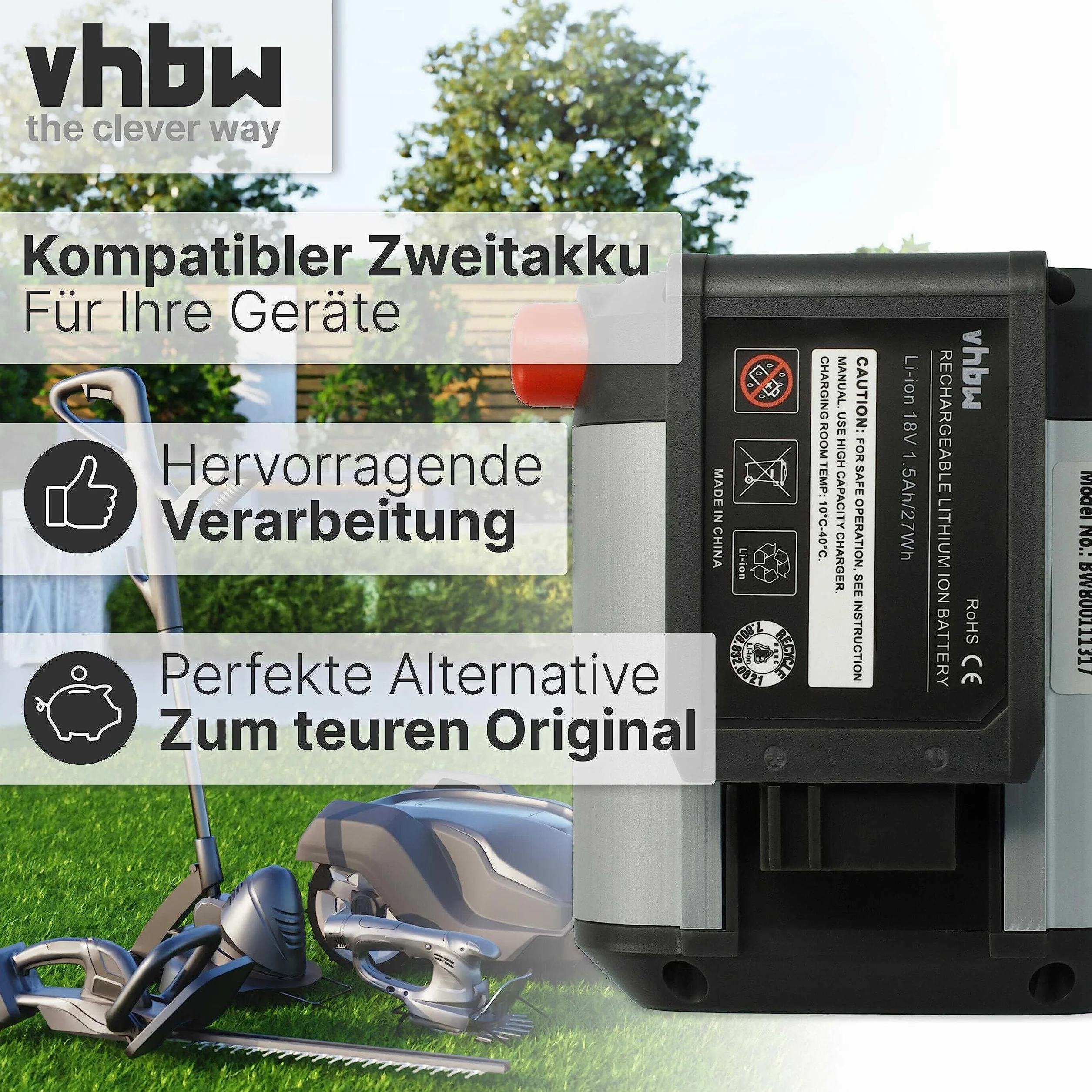 vhbw akumulator pasujący do kosiarki akumulatorowej Gardena PowerMax Li-18/32 i Allround dmuchawy AccuJet Li-18 jak BLi-18 (9840-20, 9839-20) - (Li-Ion, 1500 mAh, 18 V)