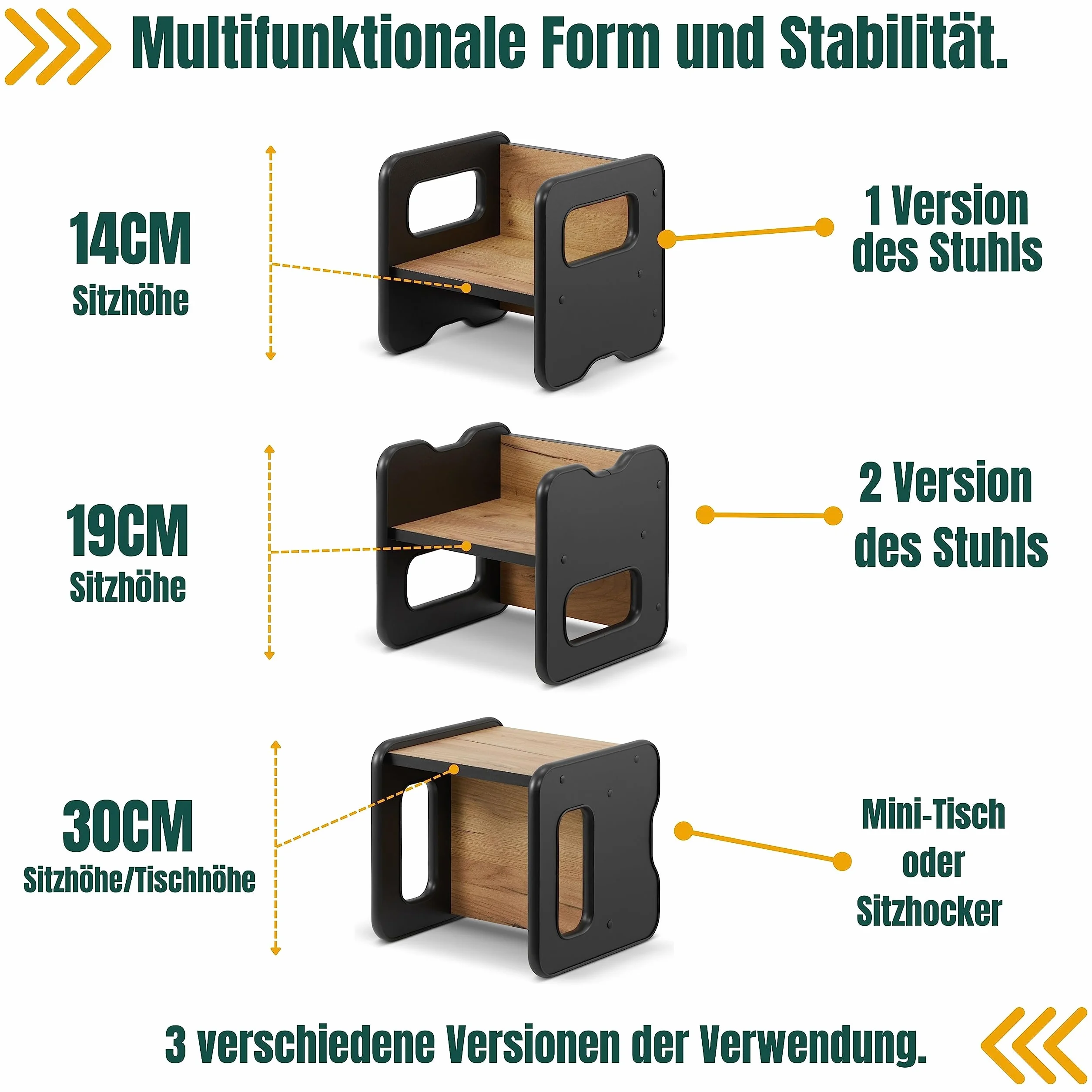 defiPad Taboret do siedzenia dla dzieci | stylowy taboret dwustronny | fotel dziecięcy od 1 roku życia | krzesło dziecięce z drewna | krzesło można przekształcić w stół | pokój dziecięcy Montessori |